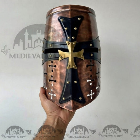 Casque de chevalier templier croisé MEDIEVALMART finition cuivre antique avec support gratuit