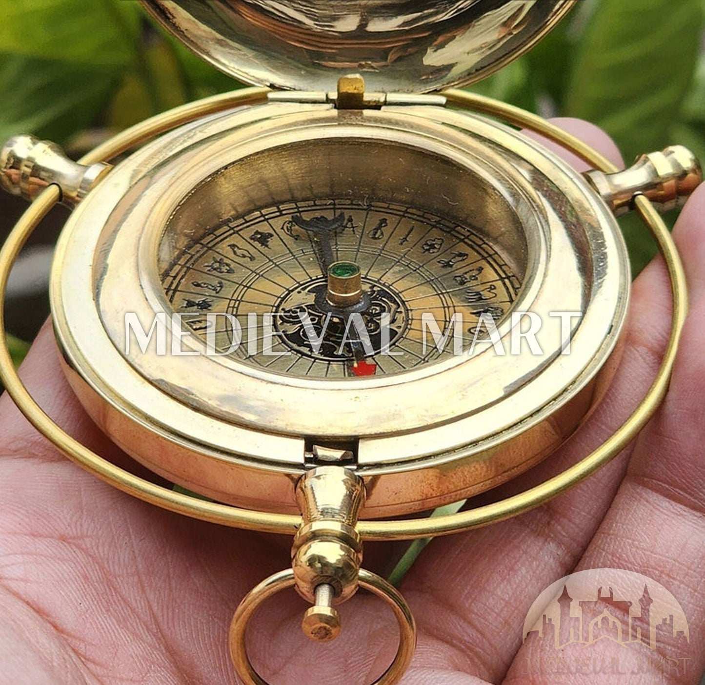 MEDIEVALMART Alethiometer Inspired Engraved Brass Pocket Compass Gold Finish W/H Leather Case | Gift For Mom, Dad