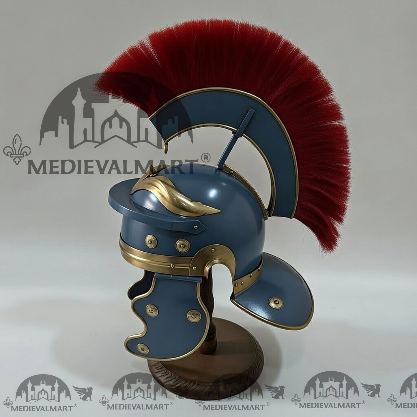 MEDIEVALMART Gallic Roman Centurion Ocean Blue Finish Helmet Replica Red Plume with Free Stand