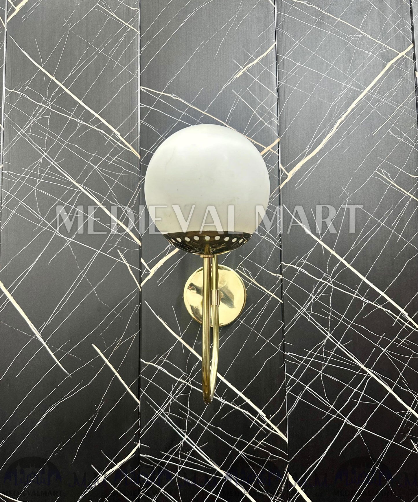 MEDIEVALMART Handcrafted Brass Milky Ball Wall Lamp - Modern Home Lighting