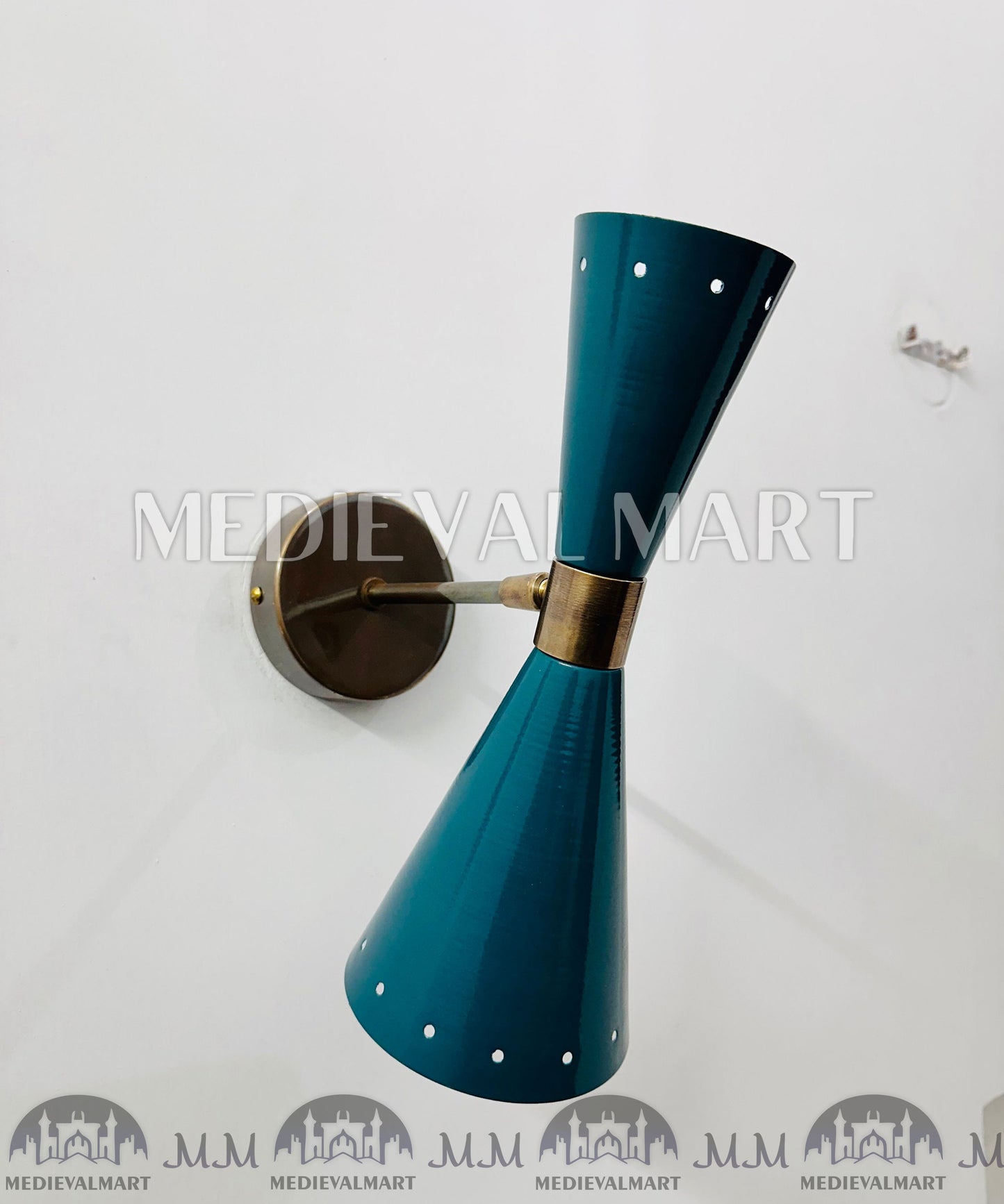 MEDIEVALMART Turquoise Brass Wall Sconce: Mid Century Italian Stilnovo Lighting