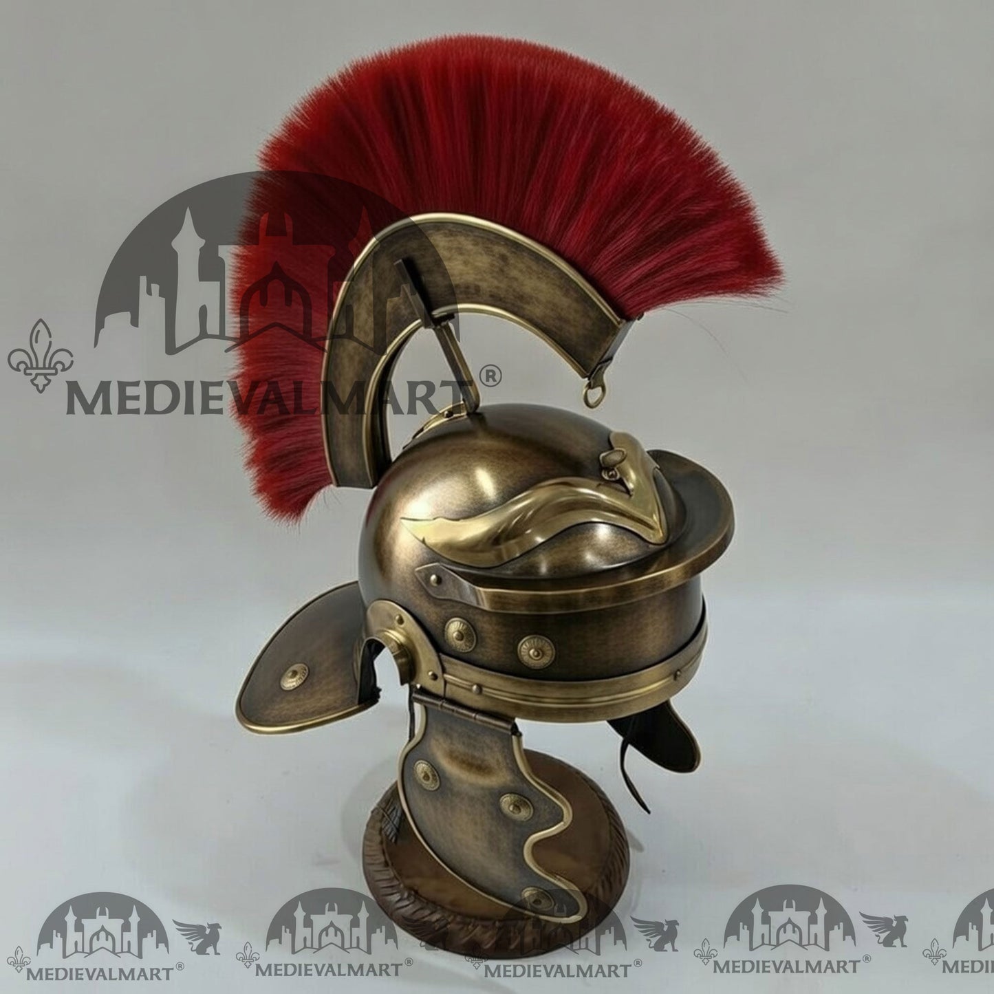 MEDIEVALMART Gallic Roman Centurion Antique Gold Finish Helmet Replica Red Plume with Free Stand