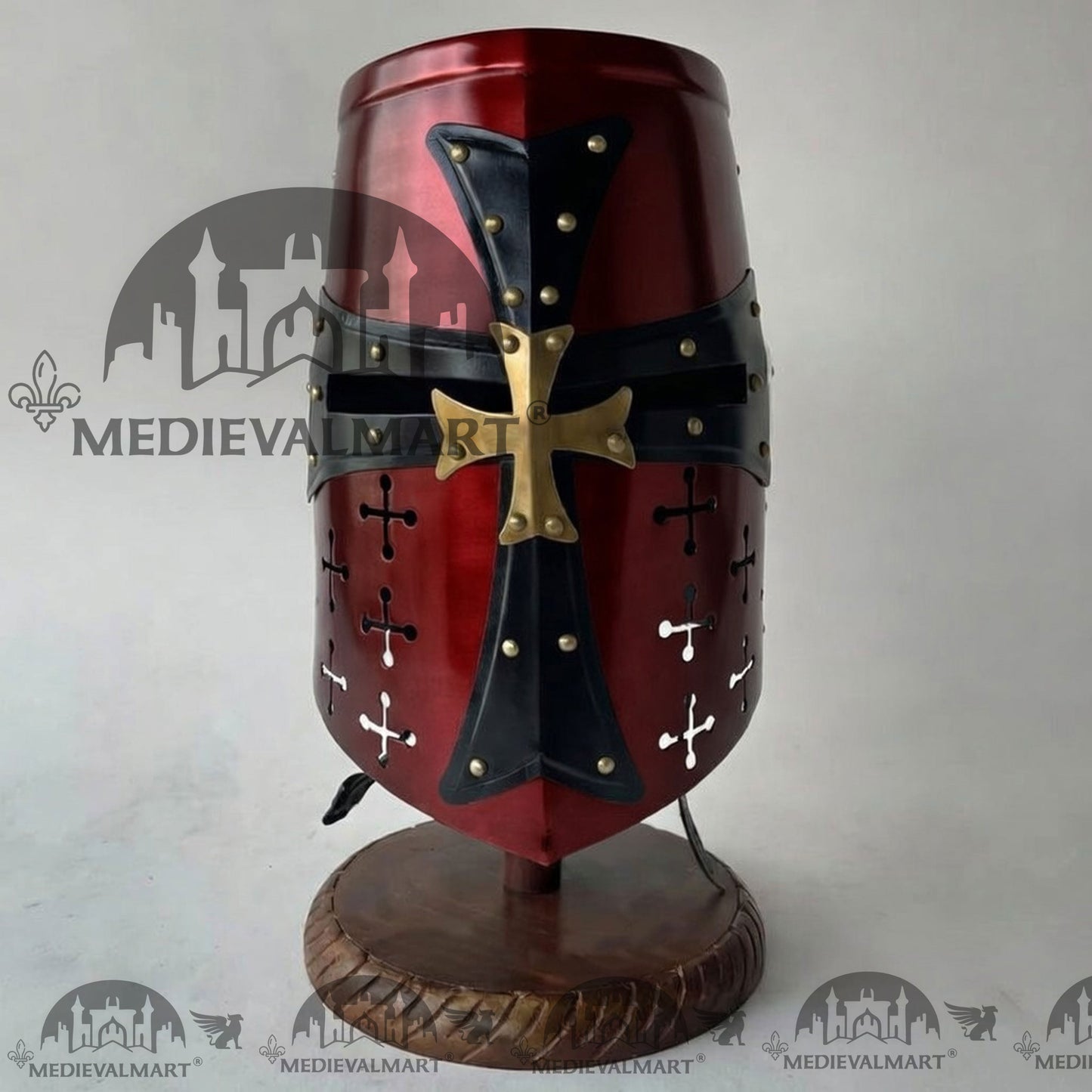 MEDIEVALMART Special Templar Crusader Knight Maroon Red Finish Helmet W/H Free Stand