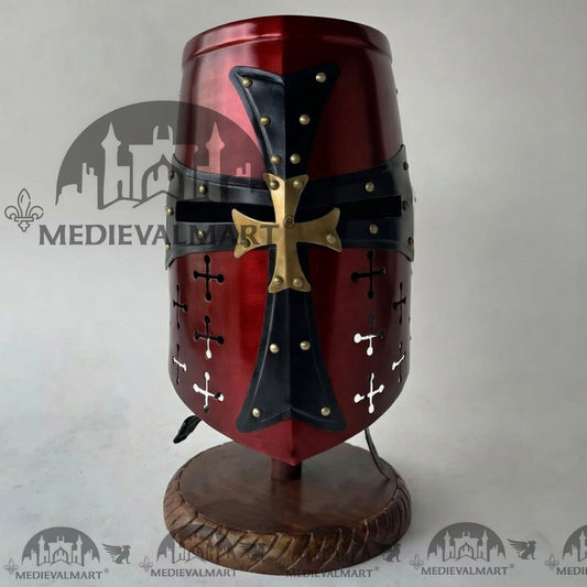 MEDIEVALMART Casque de chevalier templier croisé finition rouge marron avec support gratuit