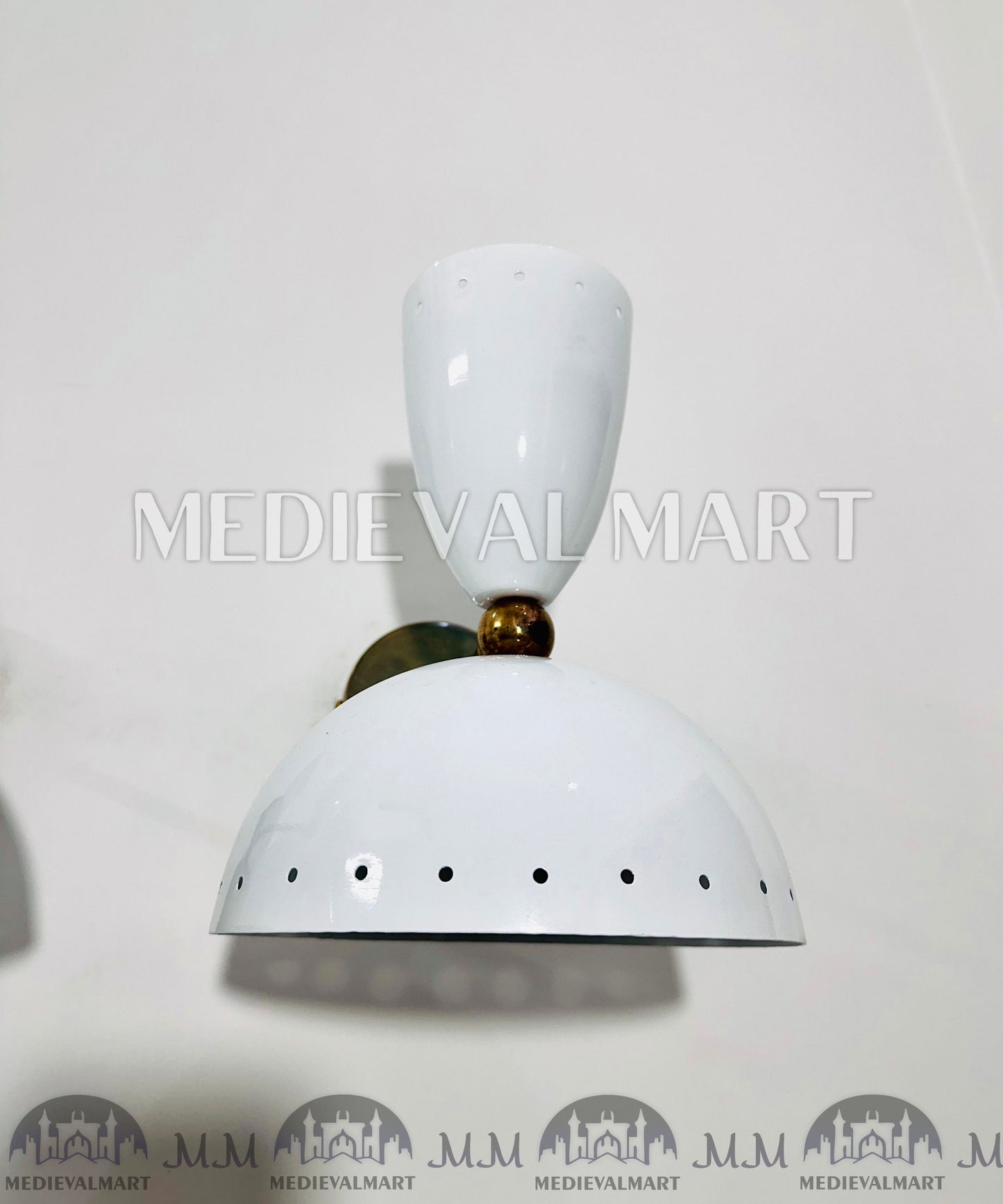 MEDIEVALMART Raw Brass Italian Mid Century Wall Sconces, White Bowl Lighting Pair
