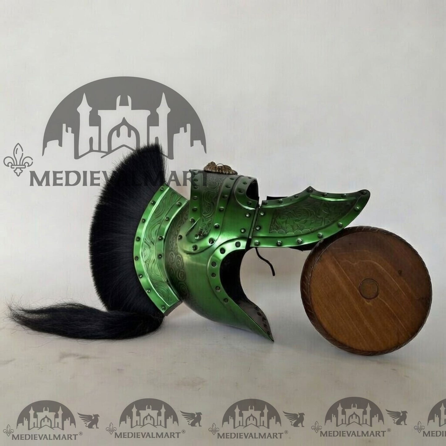 MEDIEVALMART Medieval Roman Centurion Green Finish Helmet with Black Plume or Free Wooden Stand