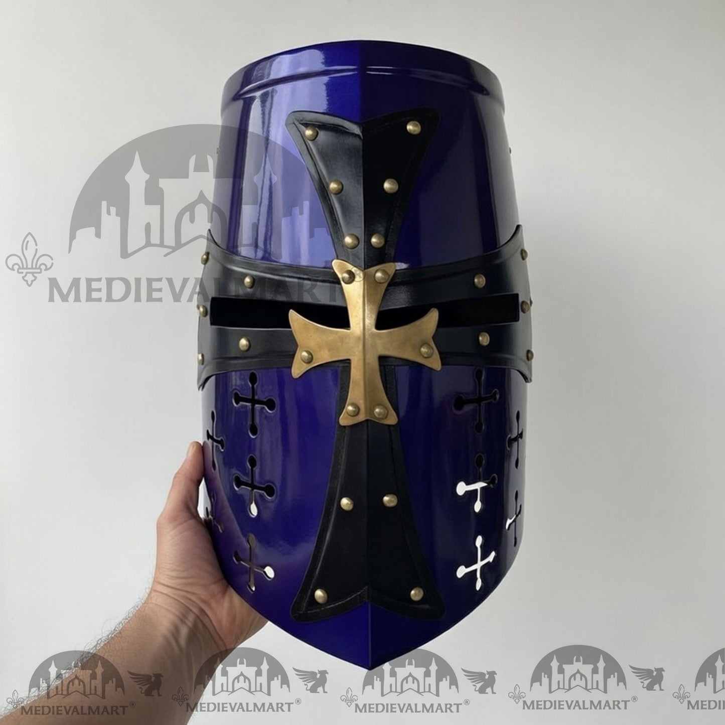 MEDIEVALMART Special Templar Crusader Knight Blue Finish Helmet W/H Free Stand