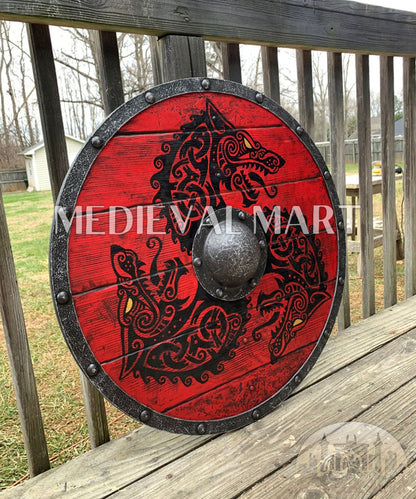 MEDIEVALMART Viking's Fenrir Red Athena’s Authentic  Battleworn Viking Wooden Shield | Gifts For Dad