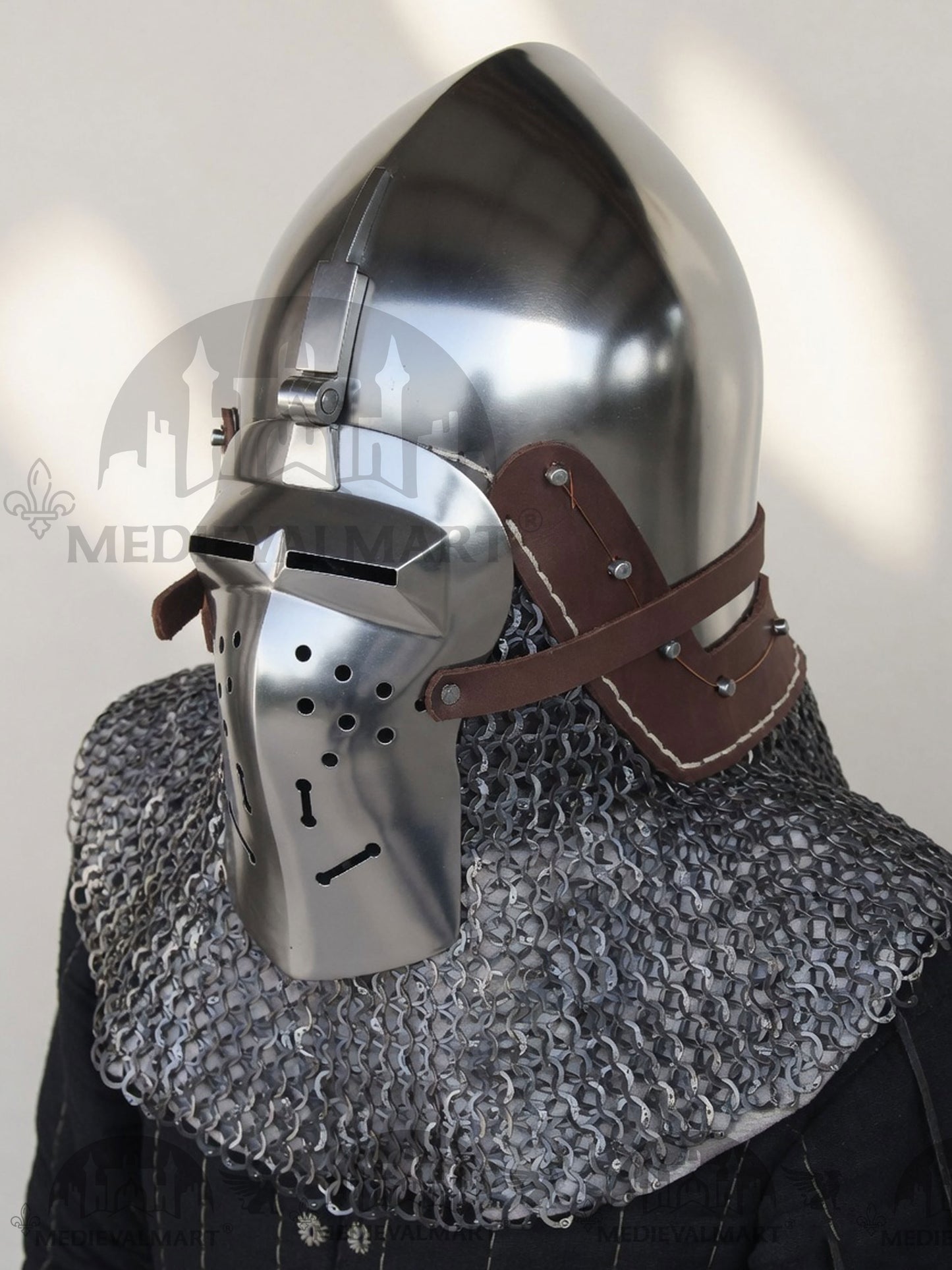 MEDIEVALMART Medieval Klappvisier Bascinet Helmet with Hinged Visor & Chainmail Aventail, Best for Reenactment