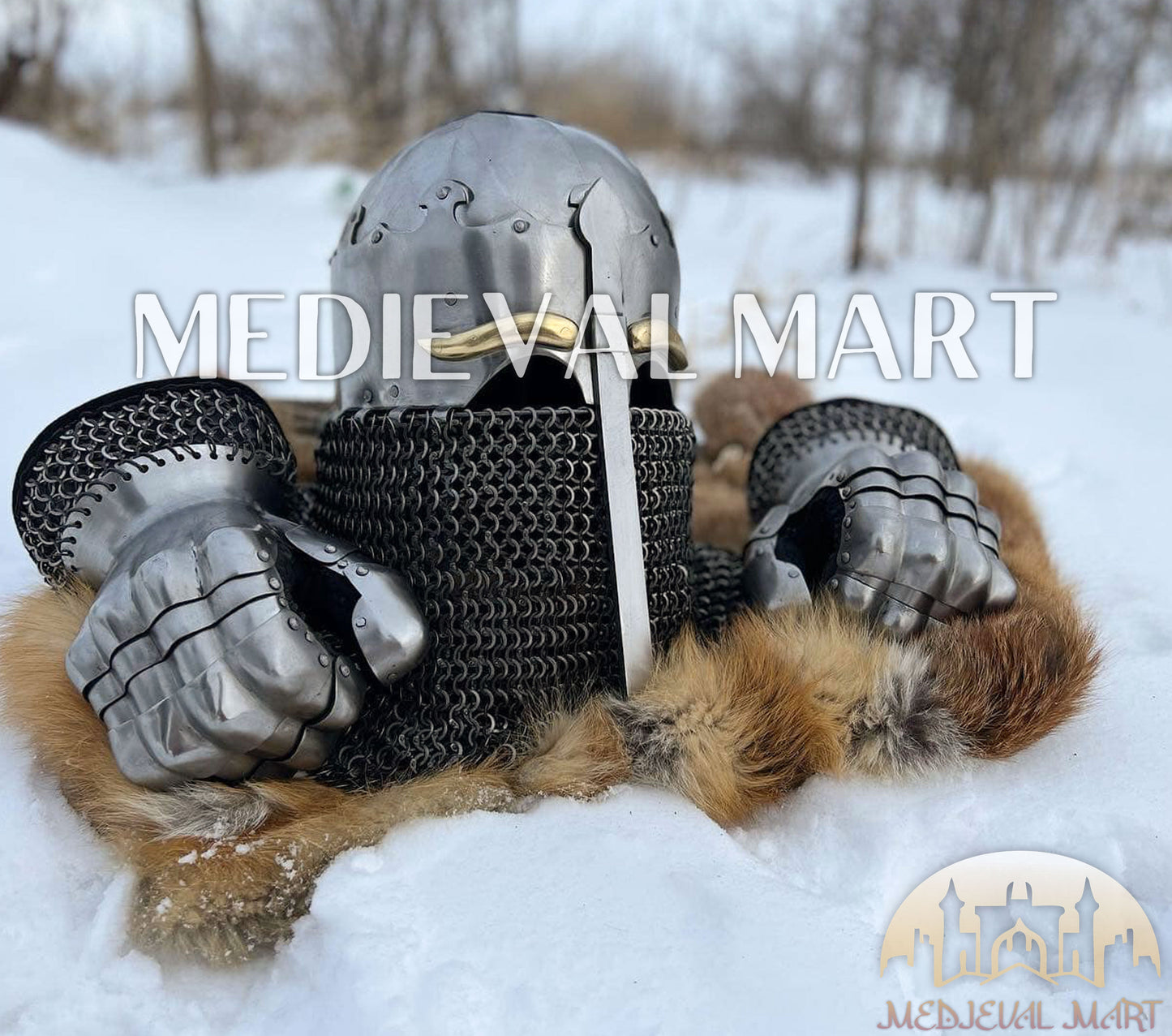 MEDIEVALMART 13th-Century Medieval Nasal Bascinet Chain Mail Helmet