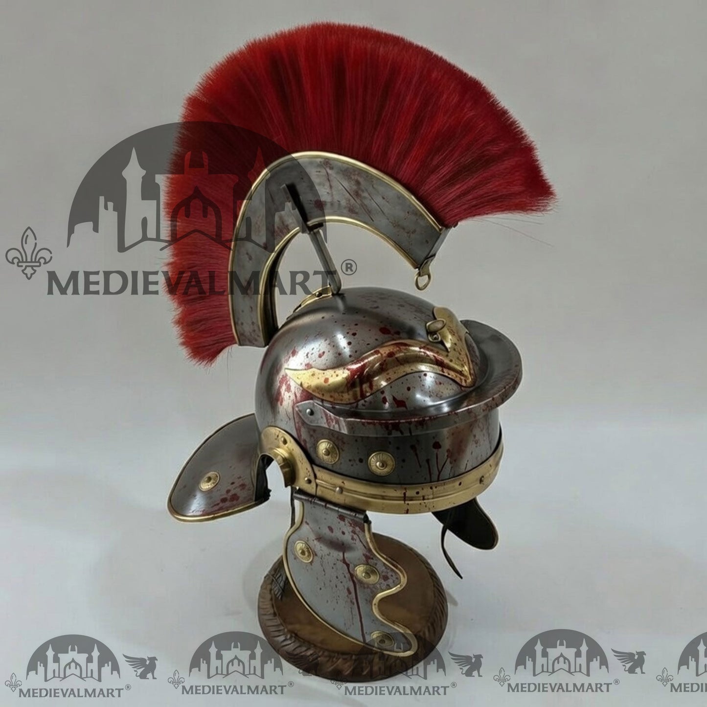 MEDIEVALMART Gallic Roman Centurion Silver Damage W/H Blood Finish Helmet Replica Red Plume with Free Stand