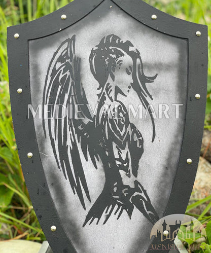 MEDIEVALMART Medieval Templar Devil Angel Inspired Wooden Shield Black & Siver Finish | Gift for Christmas Day