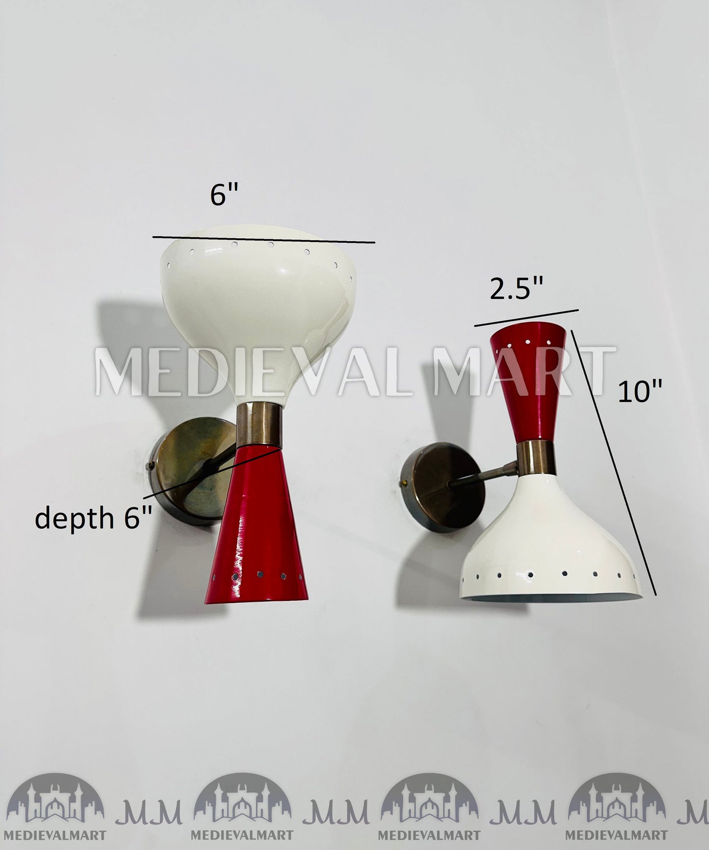 MEDIEVALMART Mid Century Brass Wall Sconce Pair: Italian Stilnovo Red & White Lamp