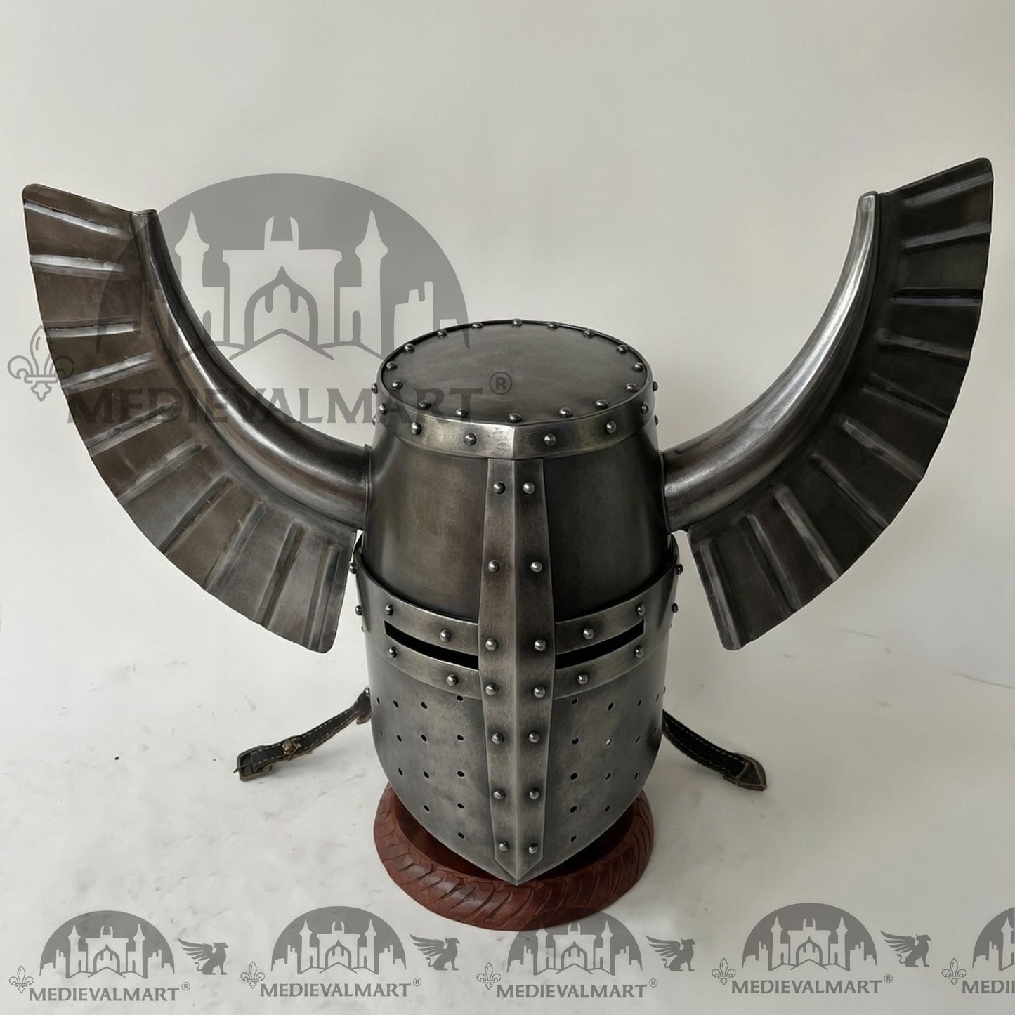 MEDIEVALMART Medieval Templar Warrior Teutonic Antique Silver Finish Wing Helmet with Free Stand