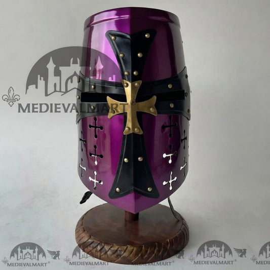 Purple and black medieval helmet with gold accents on a stand, brand 'Medievalmart' visible.