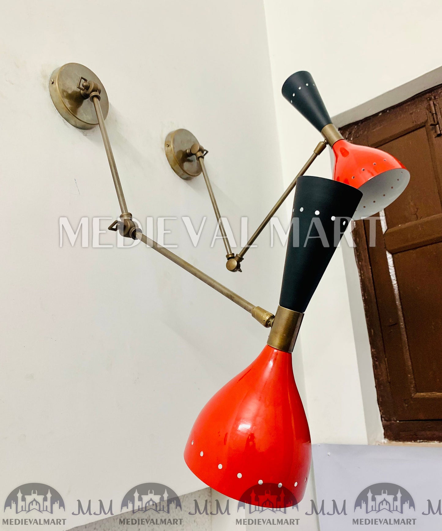 MEDIEVALMART Mid Century Italian Brass Wall Sconce Pair: Red & Black Stilnovo Light