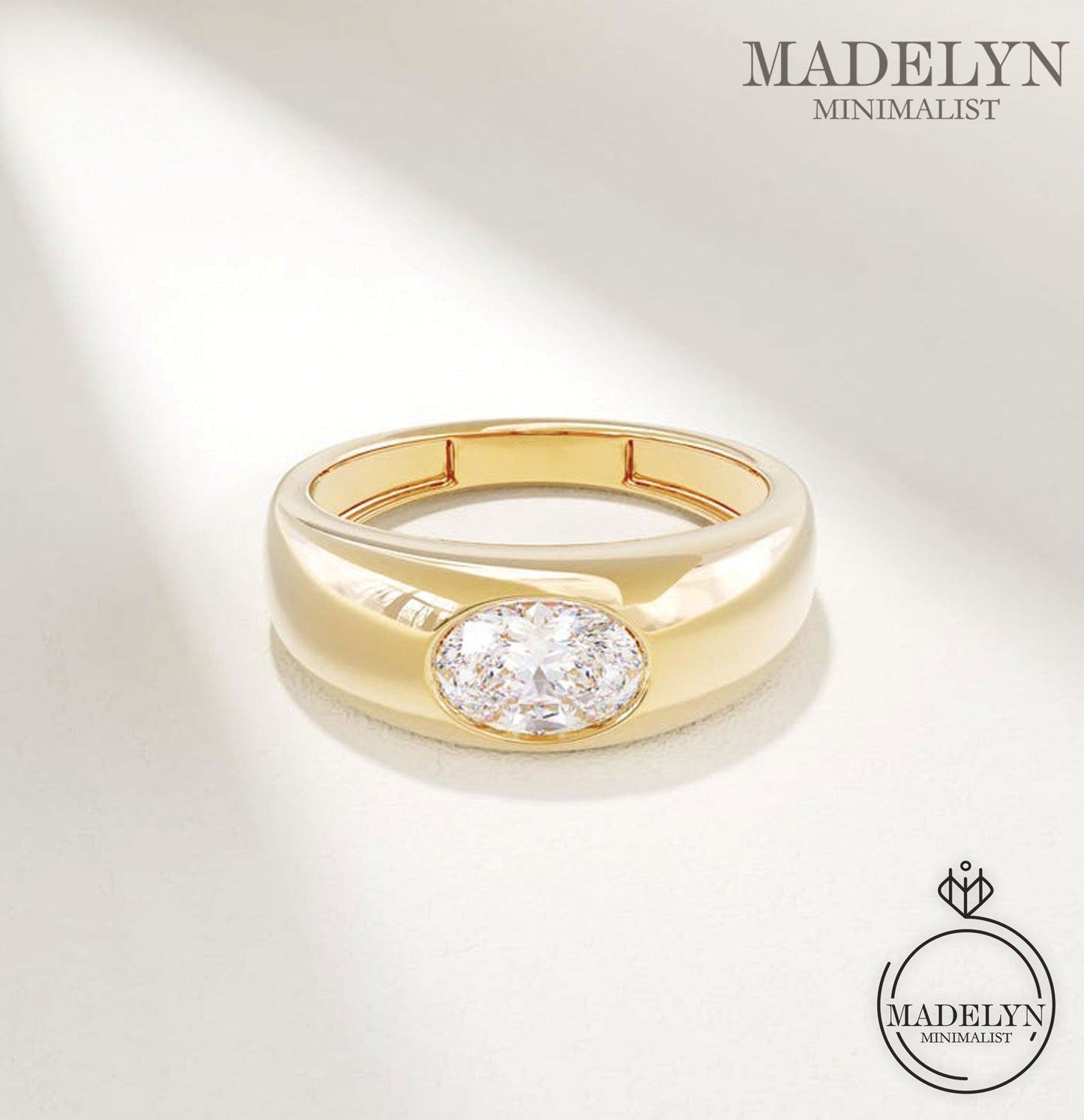 MADELYN MINIMALIST 14k Solid Gold Bezel Diamond Dome Engagement Ring Chunky Thick Band | Gift for Mom