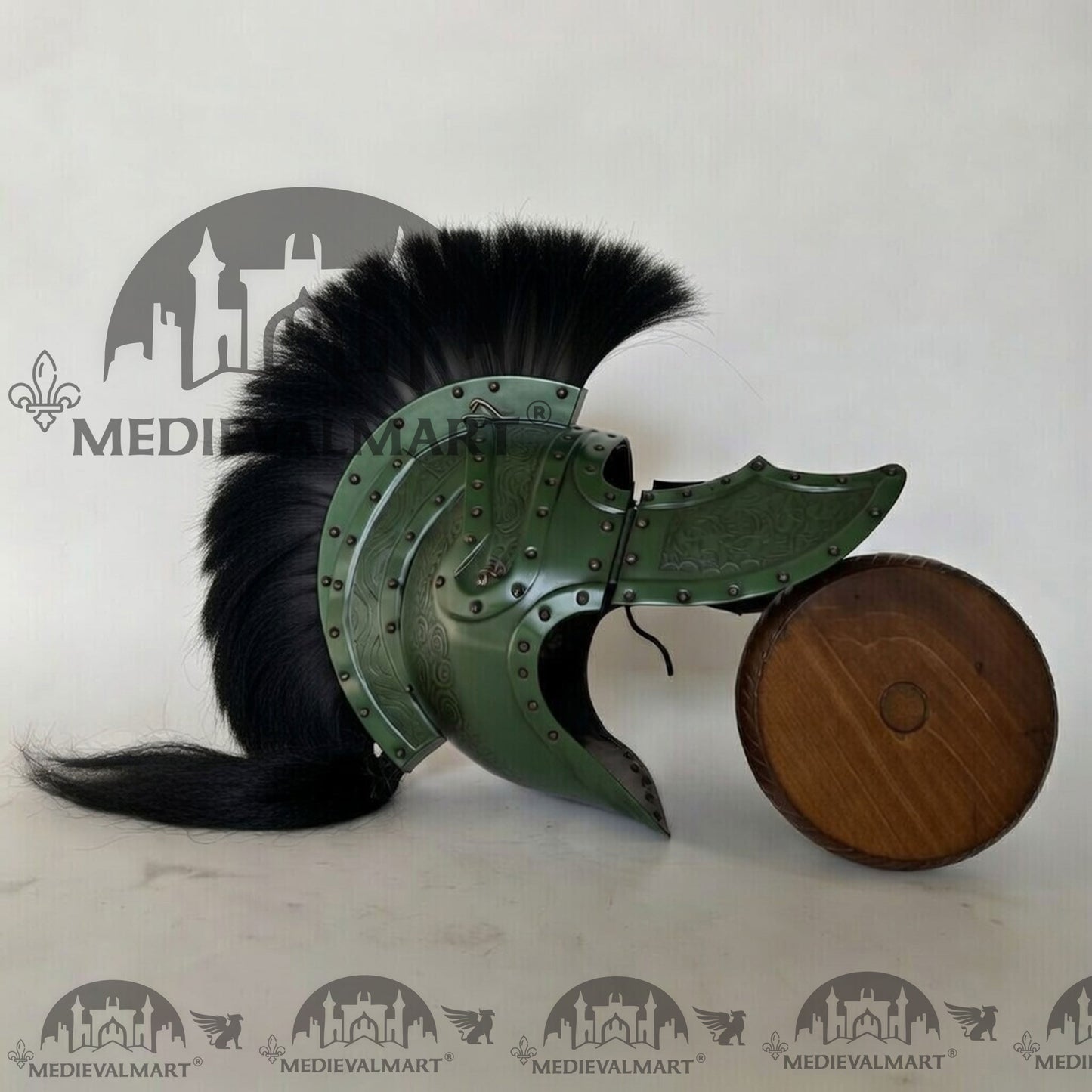 MEDIEVALMART Medieval Roman Centurion Jade Green Finish Helmet with Black Plume or Free Wooden Stand