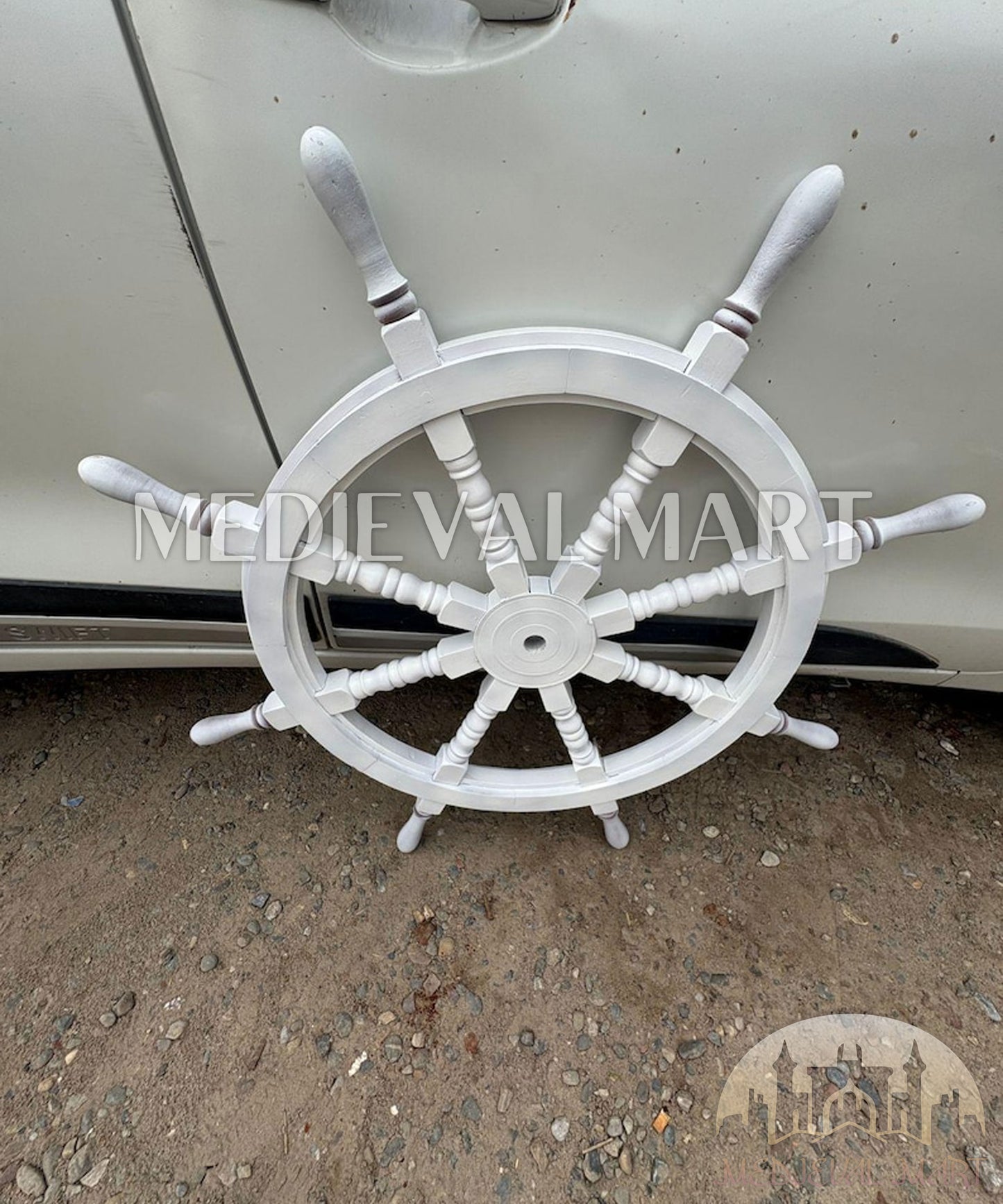 MEDIEVALMART Nautical Wooden "White" Ship Wheel for Wall Decor
