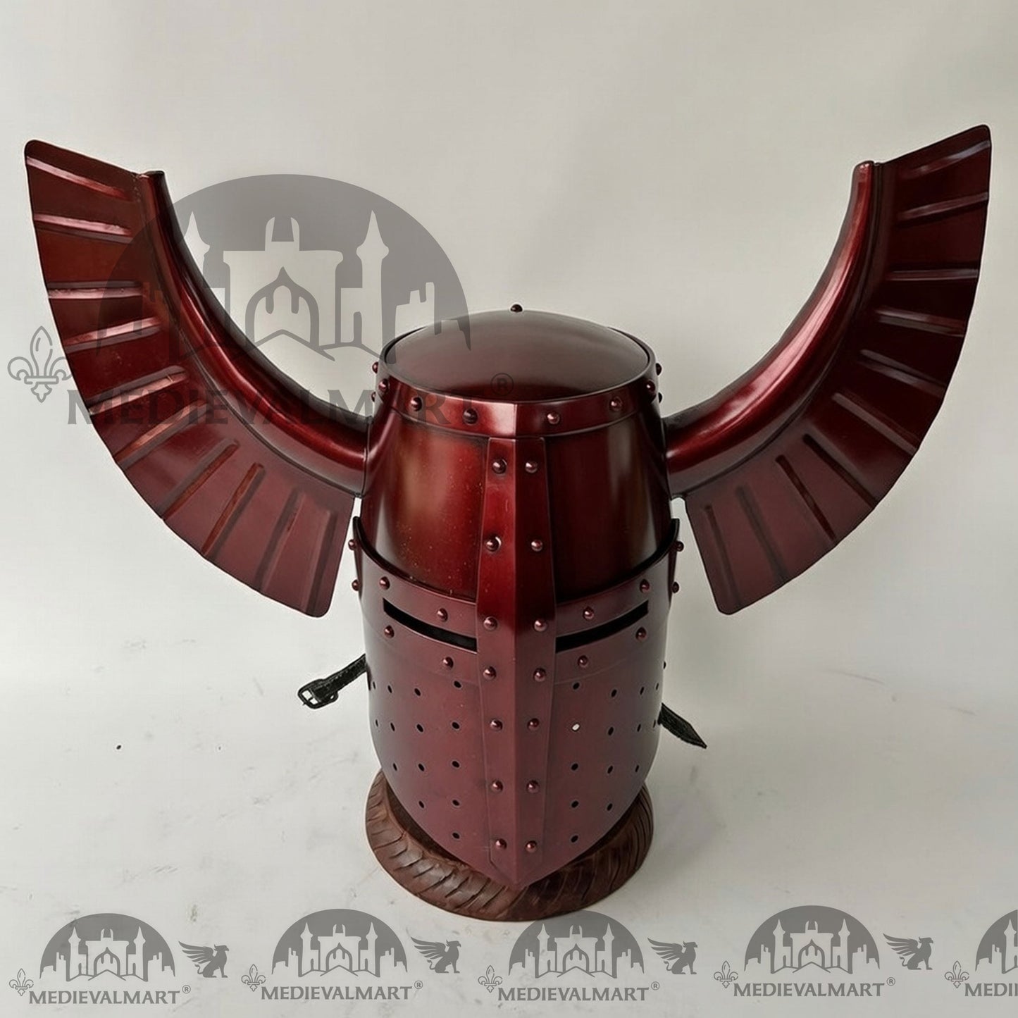 MEDIEVALMART Medieval Templar Warrior Teutonic Maroon Red Finish Wing Helmet with Free Stand