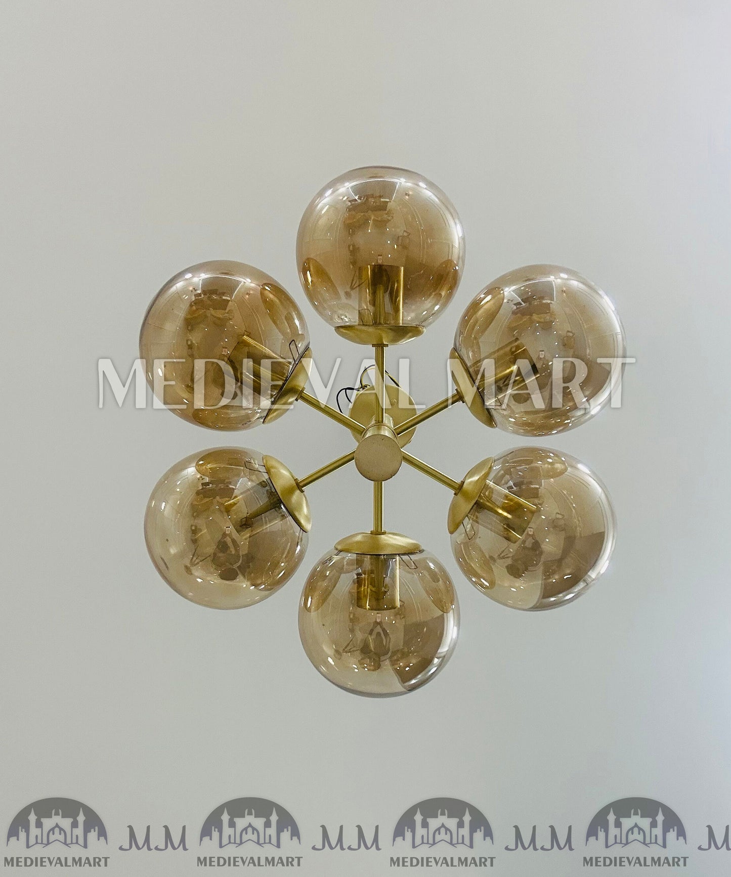 MEDIEVALMART Handmade Brass 6-Arm Glass Ball Chandelier Mid-Century Modern Light