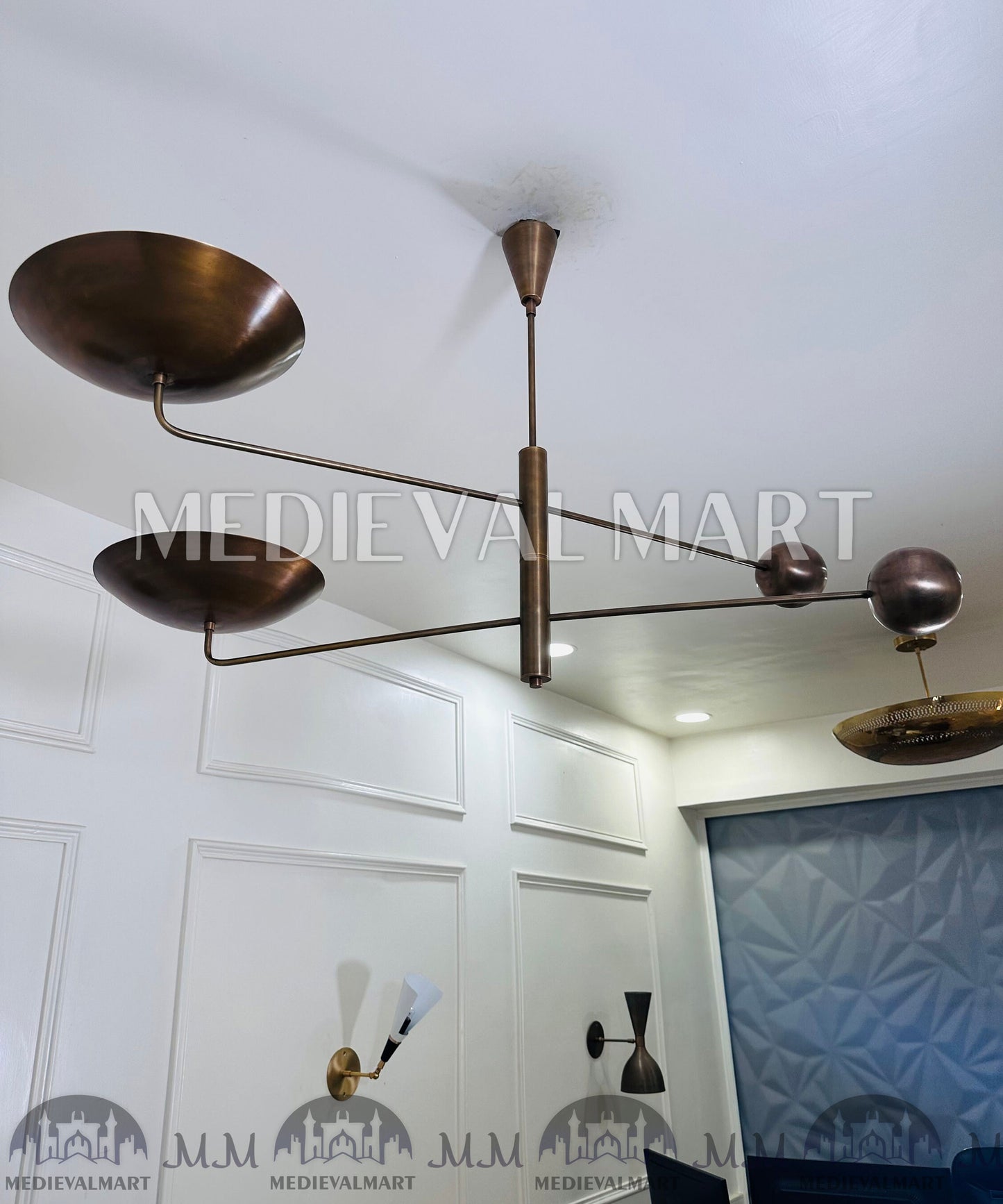 MEDIEVALMART Antique Italian Brass Mid Century Modern Chandelier | 2-Light Counterweight Fixture