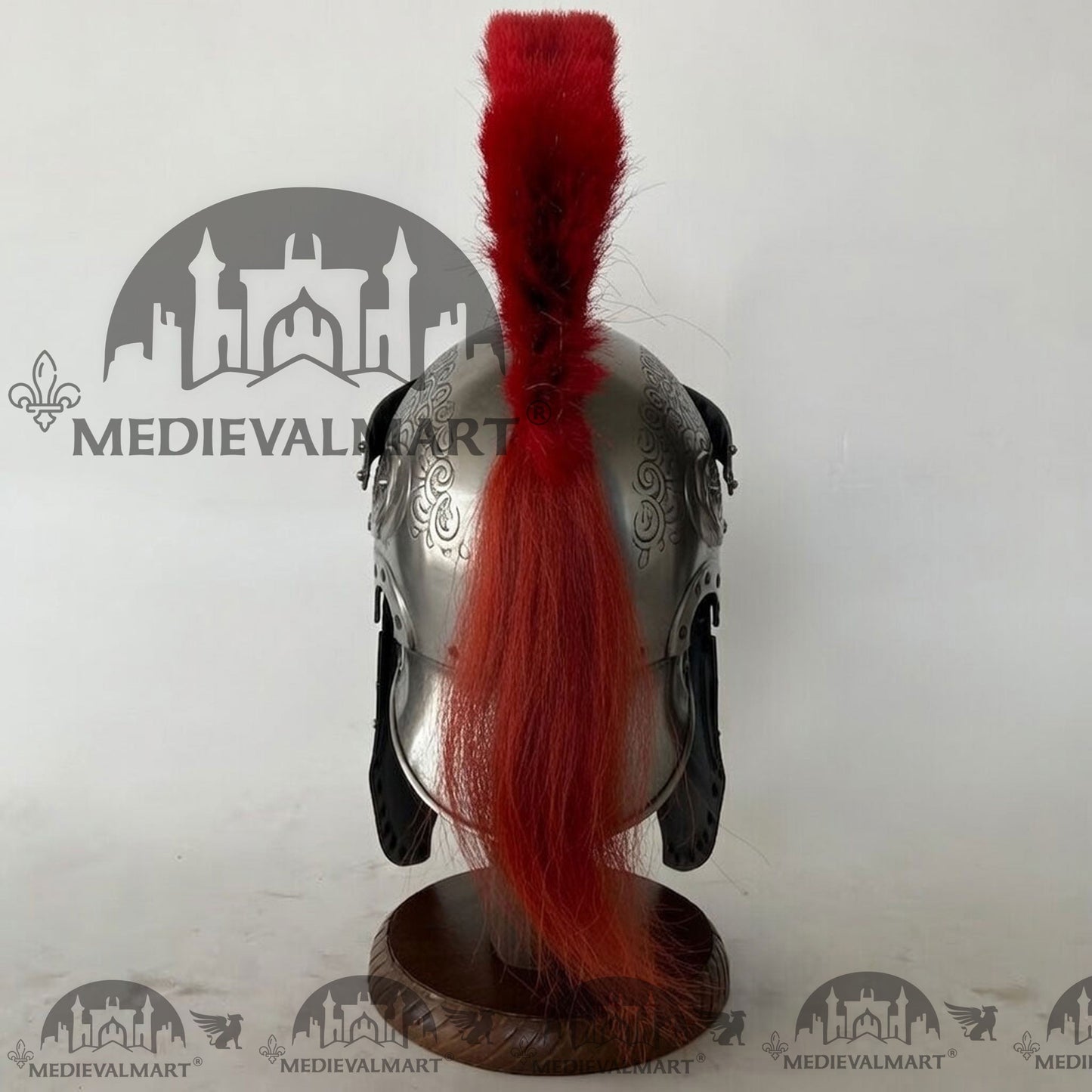 MEDIEVALMART Medieval Roman Centurion Silver Finish Helmet with Red Plume or Free Wooden Stand