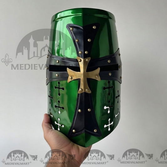 MEDIEVALMART Casque de Chevalier Croisé Templier Vert avec Support Offert