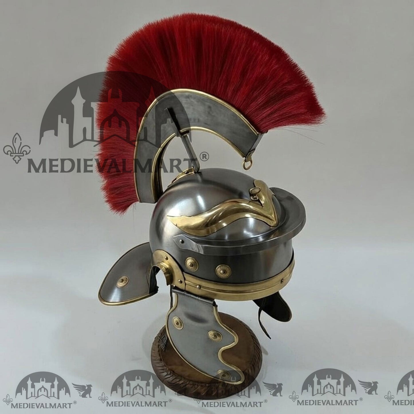 MEDIEVALMART Gallic Roman Centurion Silver Finish Helmet Replica Red Plume with Free Stand