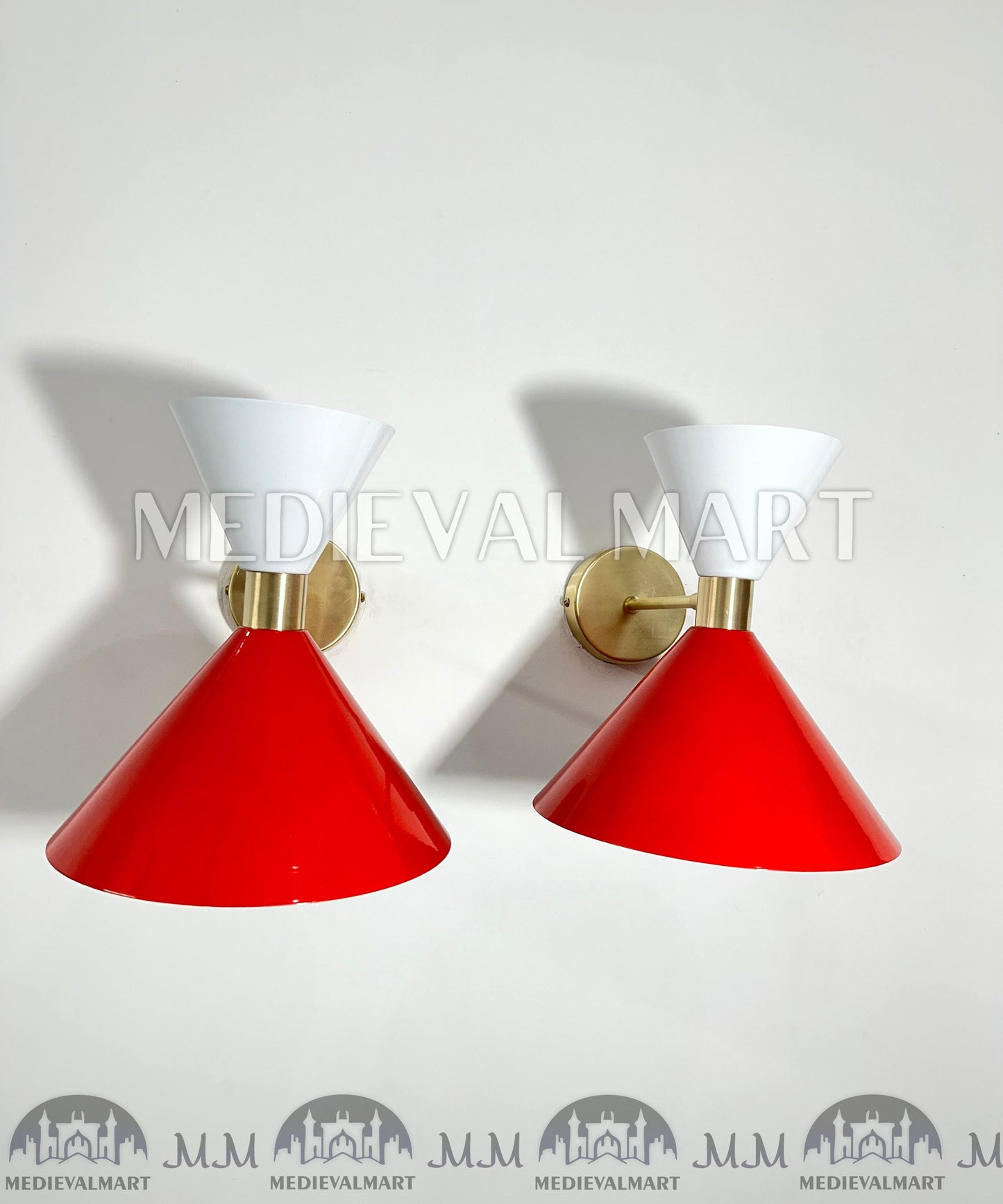 MEDIEVALMART 1950s Mid Century Italian Diabolo Wall Sconce Pair: Red & White Lighting Decor