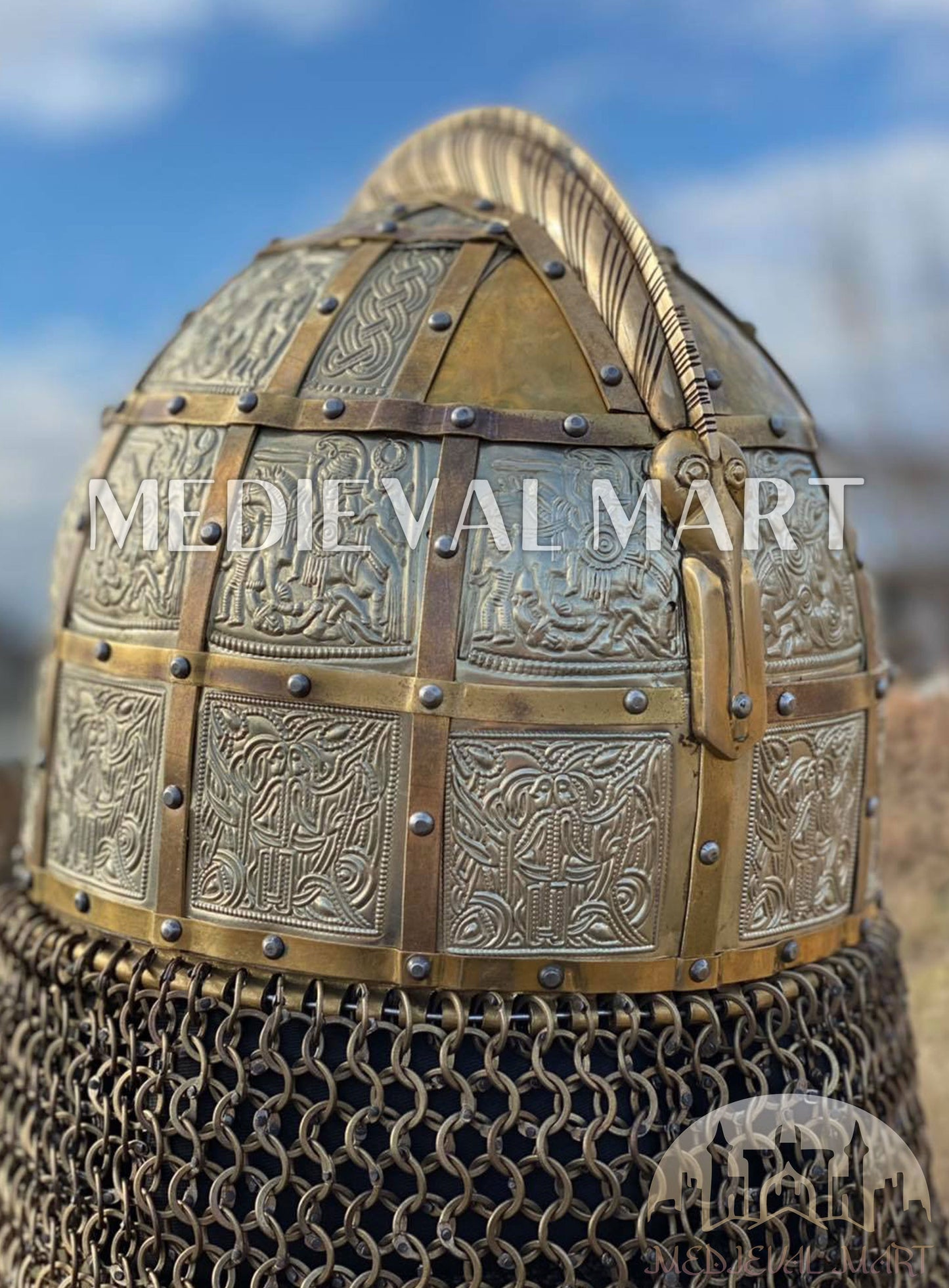 MEDIEVALMART Medieval Viking Vendel Period Broa Helmet with Brass Decoration & Titanium Chainmail