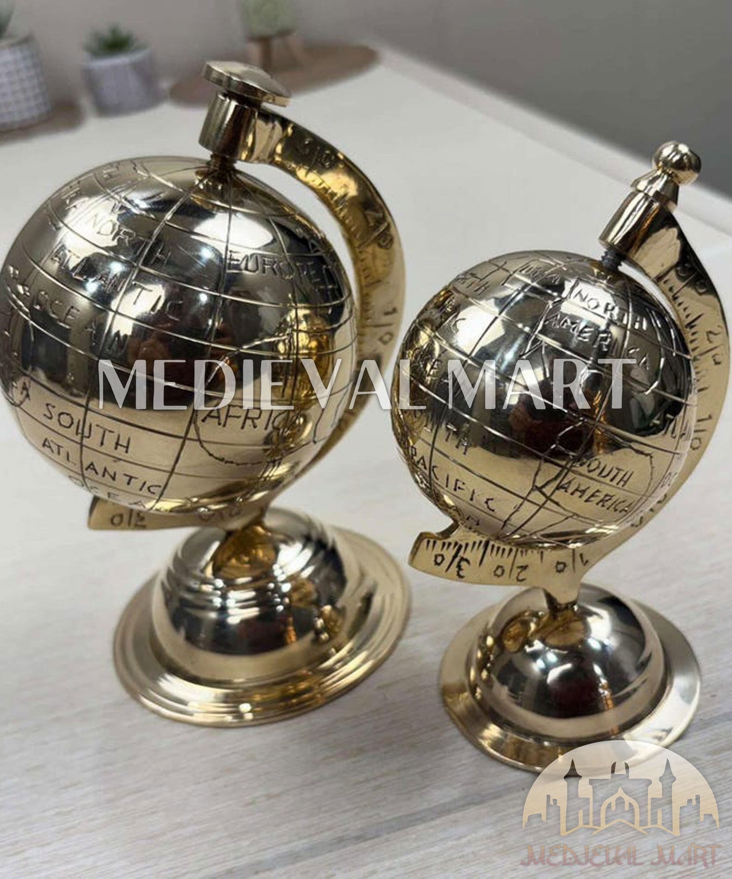 MEDIEVALMART Handmade Solid Brass World Globe: Etched Map, Rotating Desk Decor Gift for Christmas Day