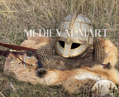 MEDIEVALMART Medieval Viking Vendel Period Broa Helmet with Bass Decoration & Titanium Chainmail