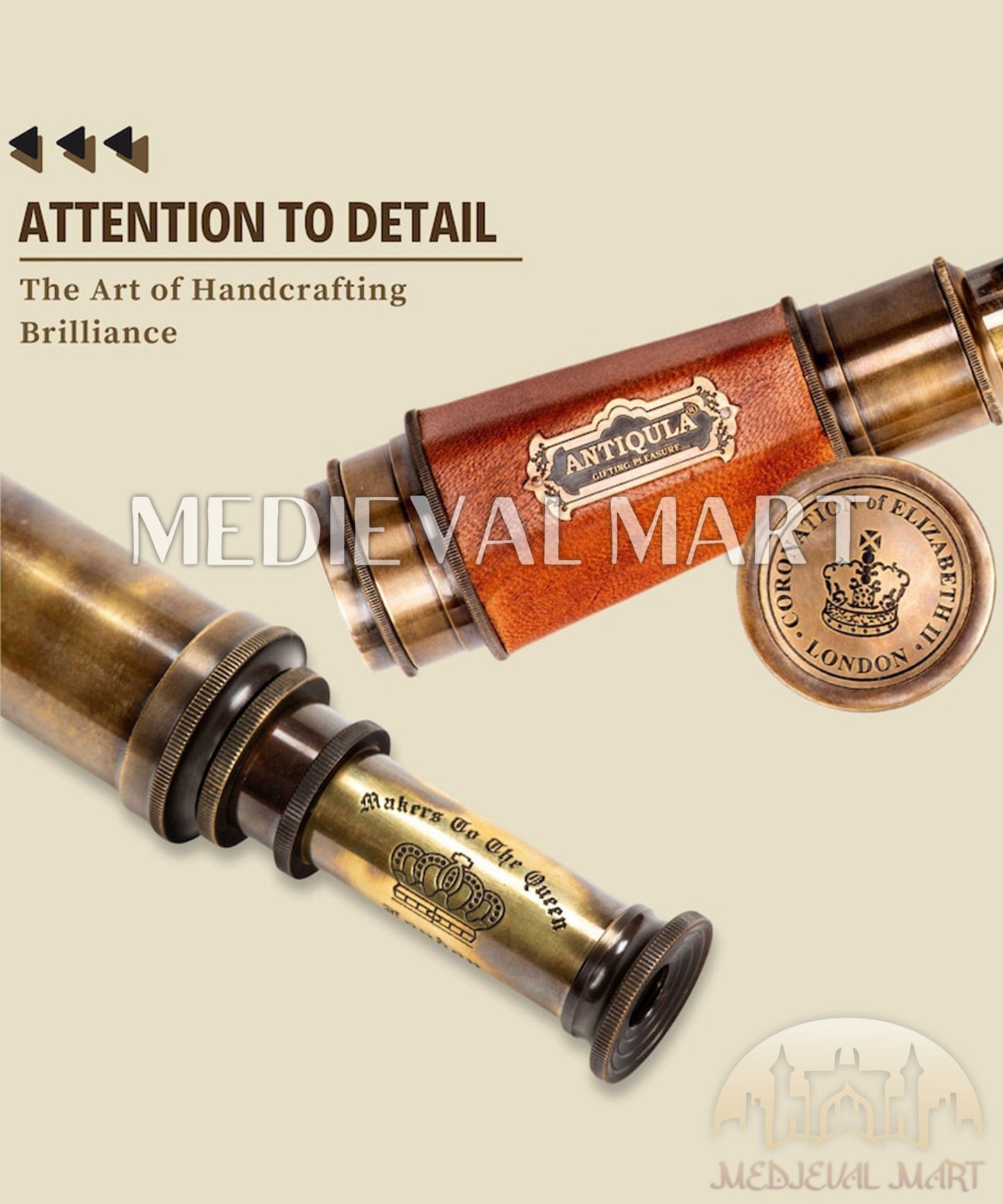 MEDIEVALMART Brass Pirate Telescope: 20-Inch Spyglass, 15X Magnification Gift for Christmas