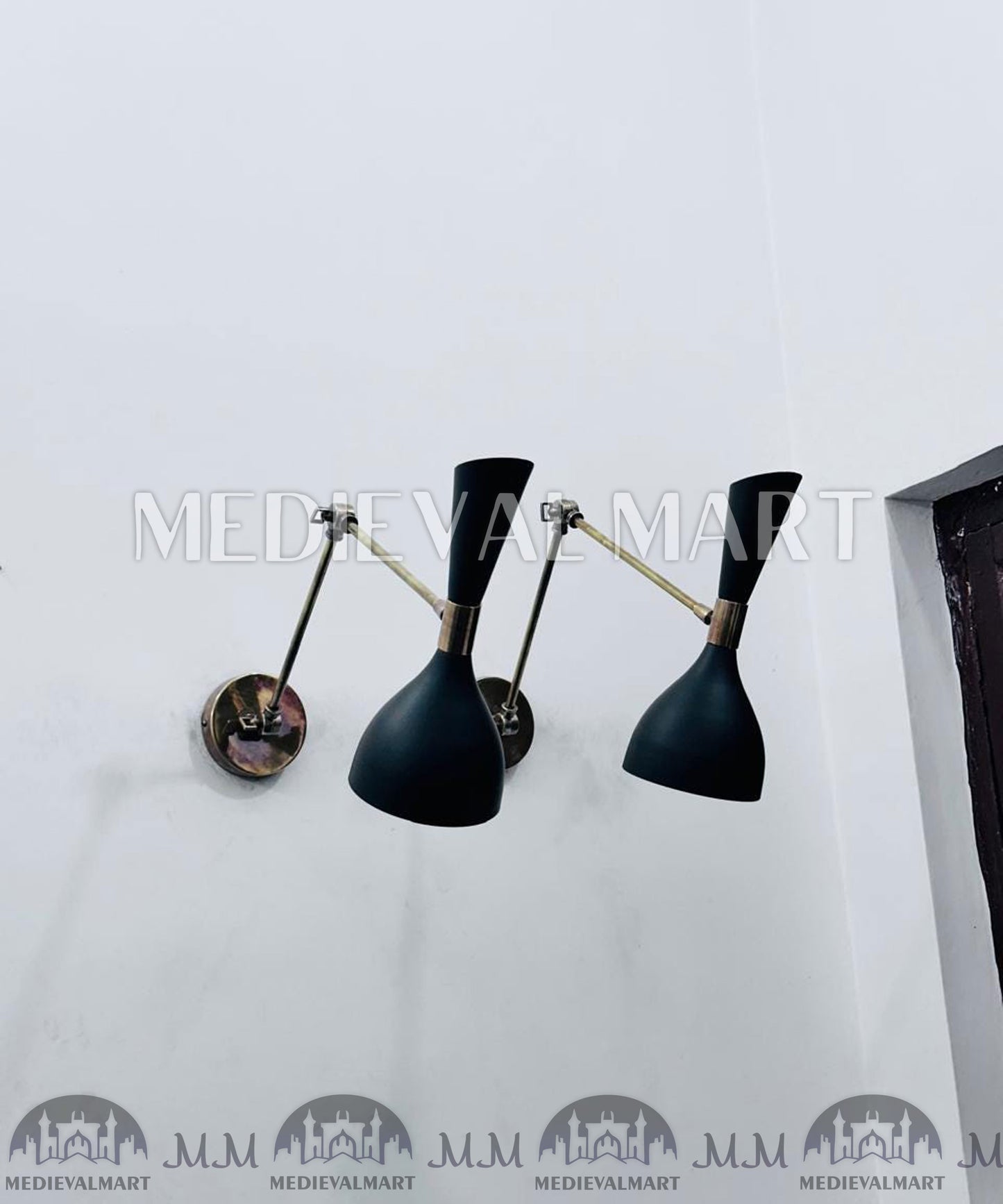 MEDIEVALMART Mid Century Italian Brass Wall Sconce Pair Adjustable Stilnovo Lighting