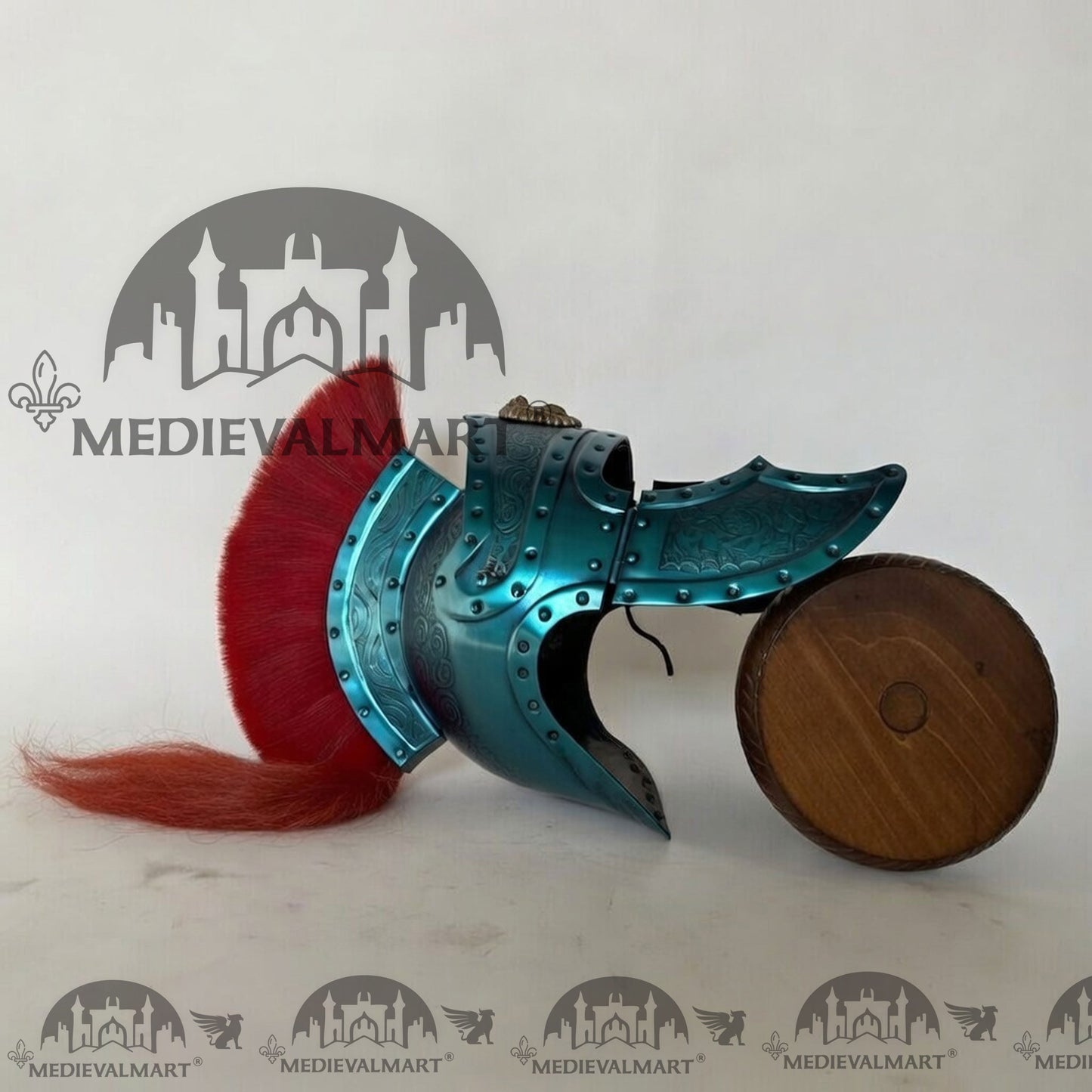 MEDIEVALMART Medieval Roman Centurion Aqua Blue Finish Helmet with Red Plume or Free Wooden Stand