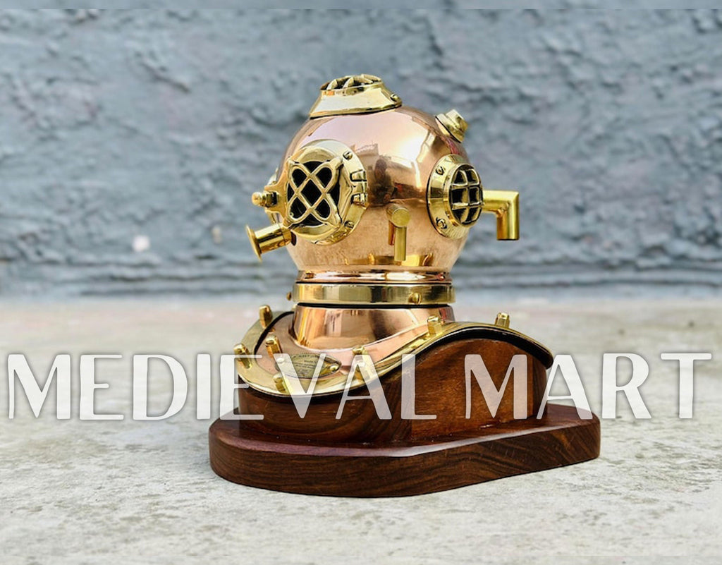 MEDIEVALMART 6"INCH Pure Cooper Brass Diving Helmet With Wooden Base