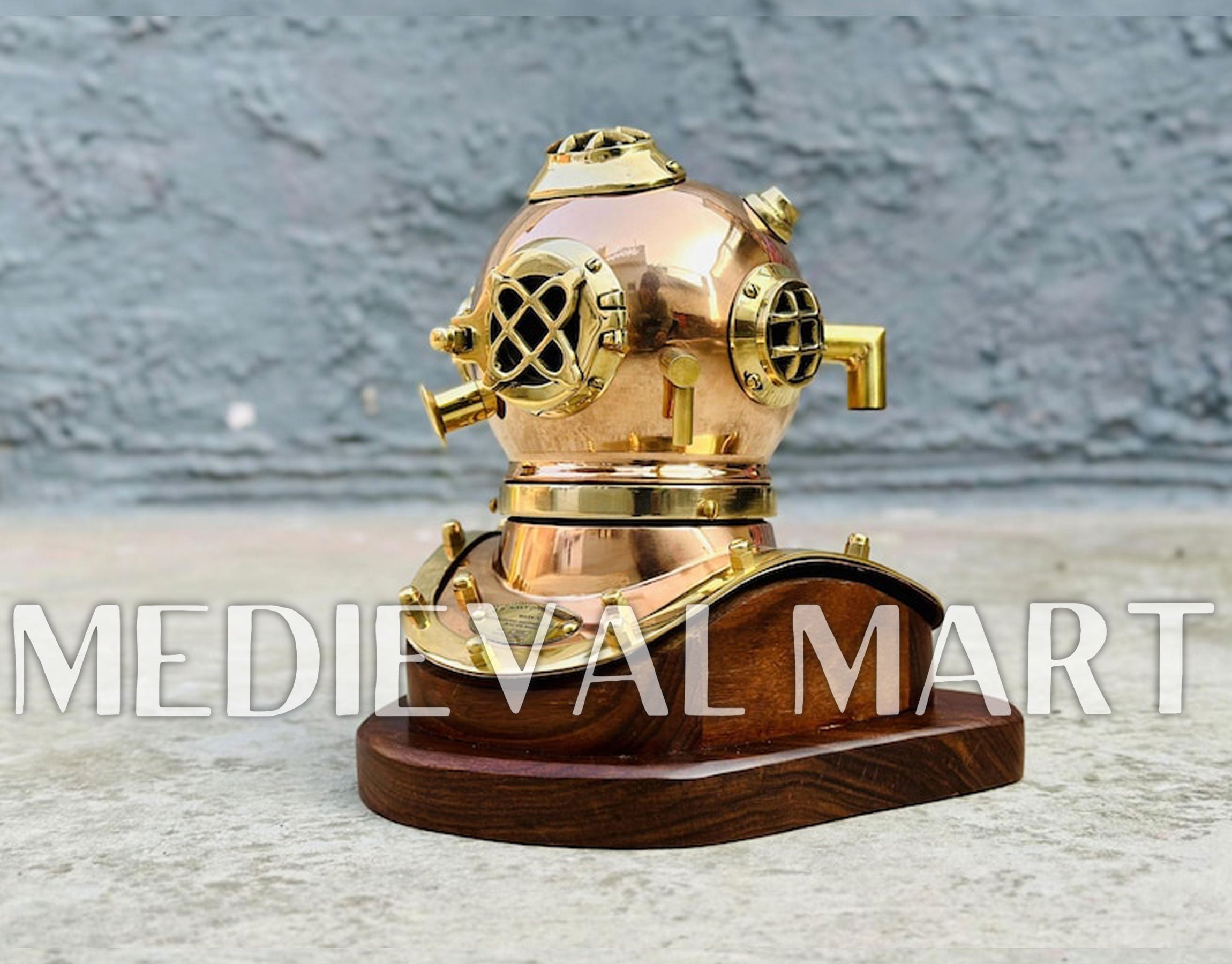 MEDIEVALMART 6"INCH Pure Cooper Brass Diving Helmet With Wooden Base