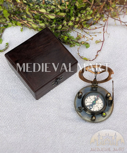 MEDIEVALMART “AstraDial” Antique Brass Sundial Compass (1885 Replica) W/H Dark “VintageVault” Case | Gifts For Mom & Dad