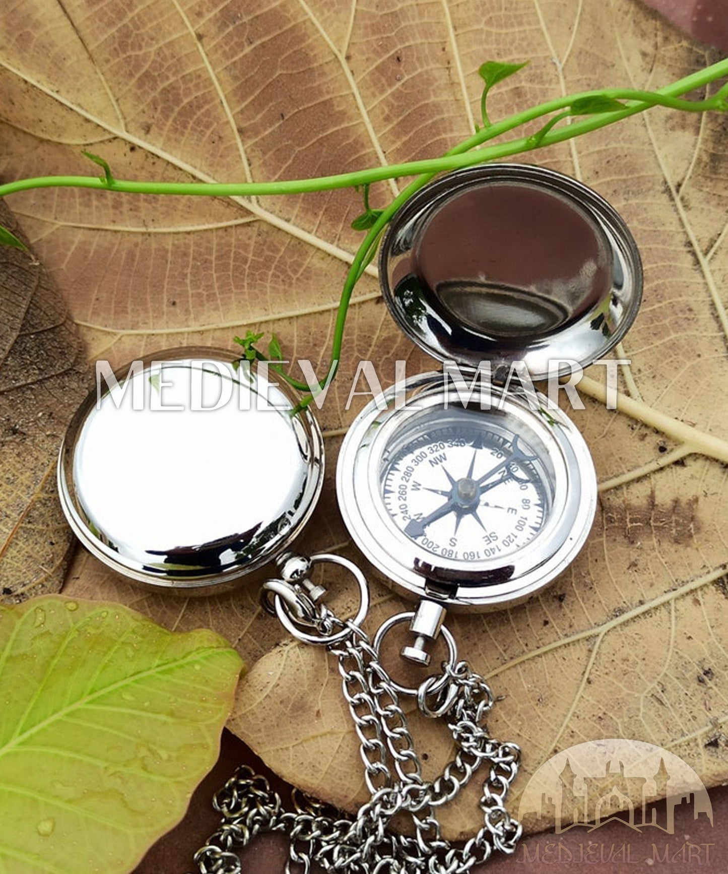 MEDIEVALMART Minimalist Nautical Cute Engrave Pocket Compass Chrome Finish W/H Gen-2 Wooden Case | Gift For Mom