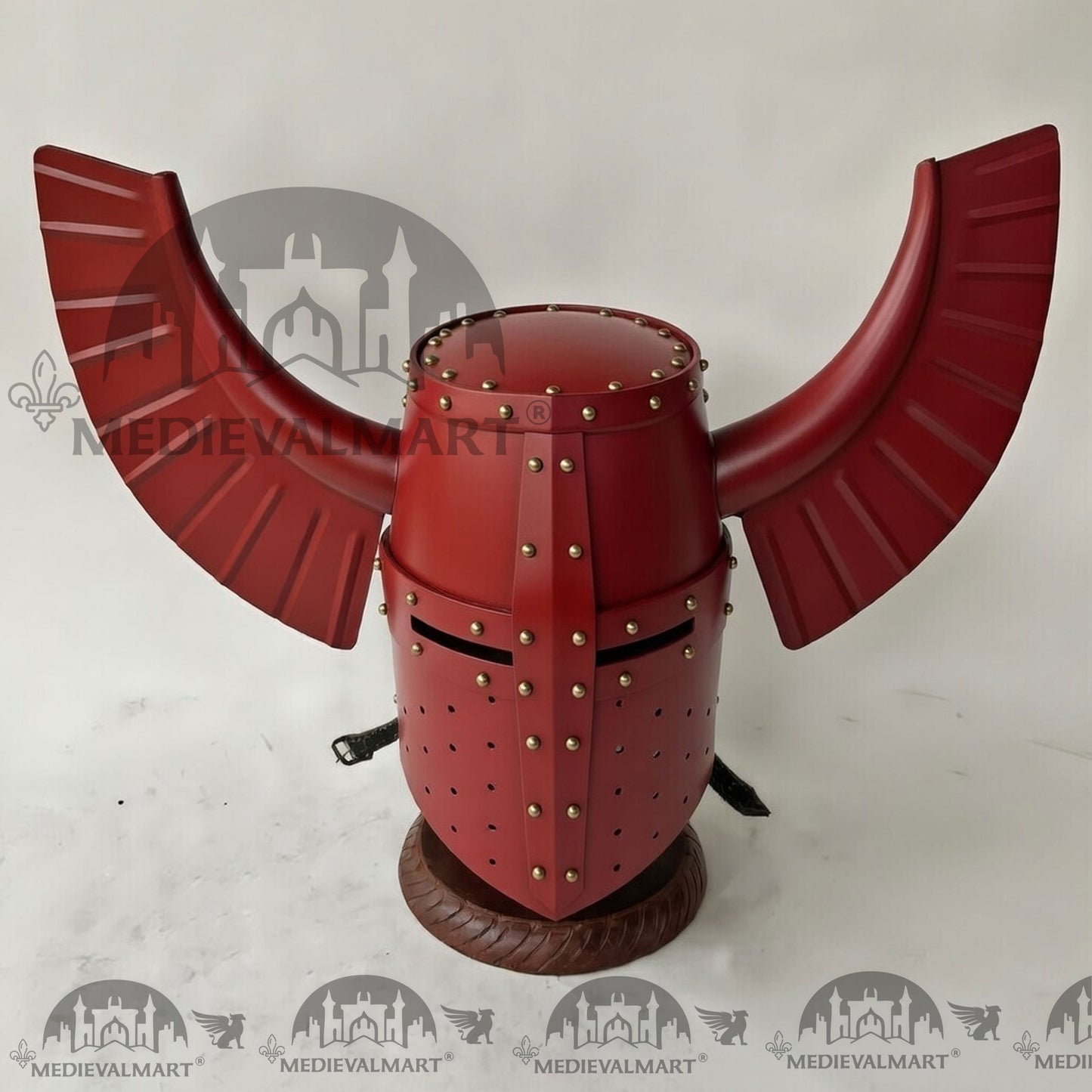 MEDIEVALMART Medieval Templar Warrior Teutonic Antique Red W/H Gold Rivets Wing Helmet with Free Stand