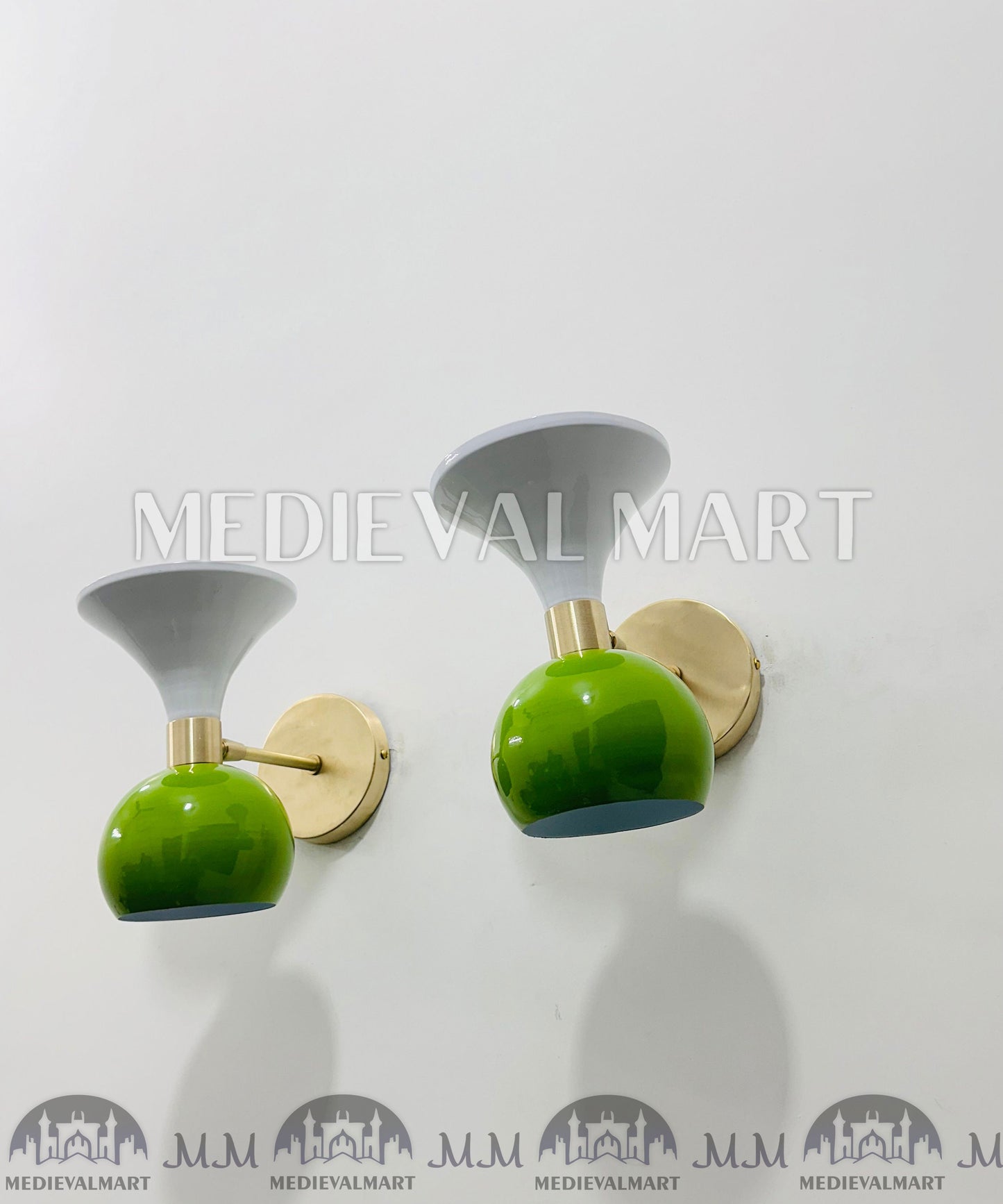 MEDIEVALMART Mid-Century Modern Brass Diabolo Wall Sconce - Green & White - Pair