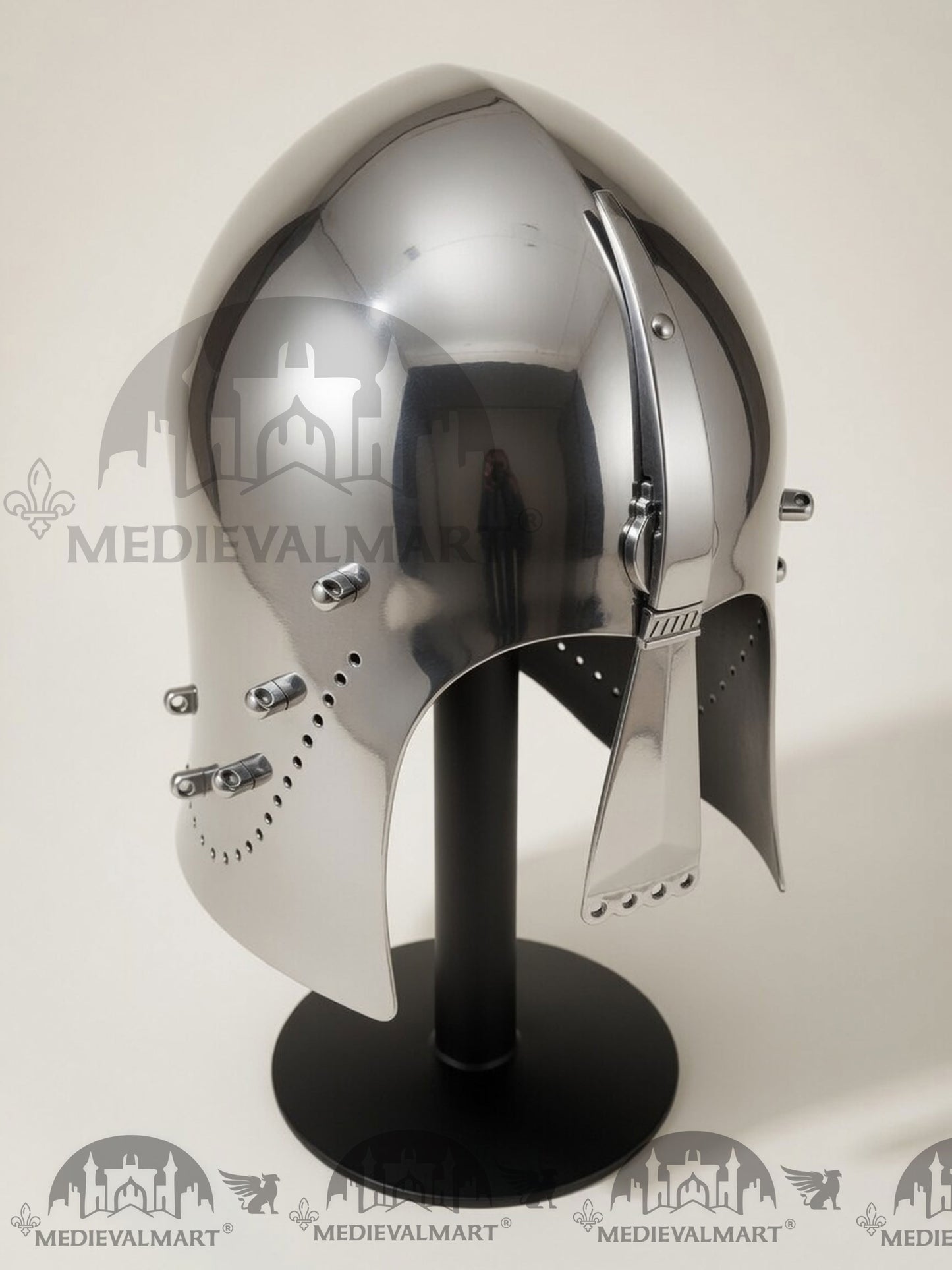MEDIEVALMART Medieval Great Bascinet Helmet – Polished Steel Knight Helmet for Reenactment & LARP