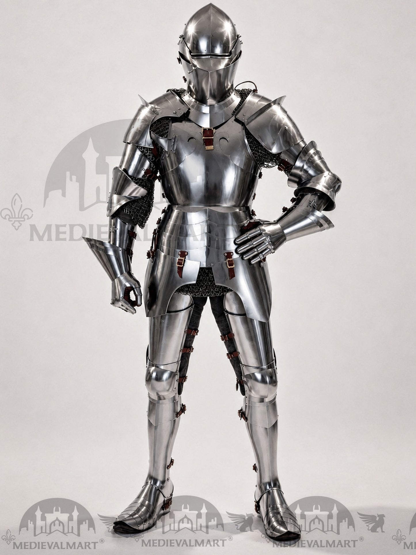 MEDIEVALMART 14th-Cen European English Hardend Steel Plate Armor Buff Polish W/H Houndskull Closed Bascinet