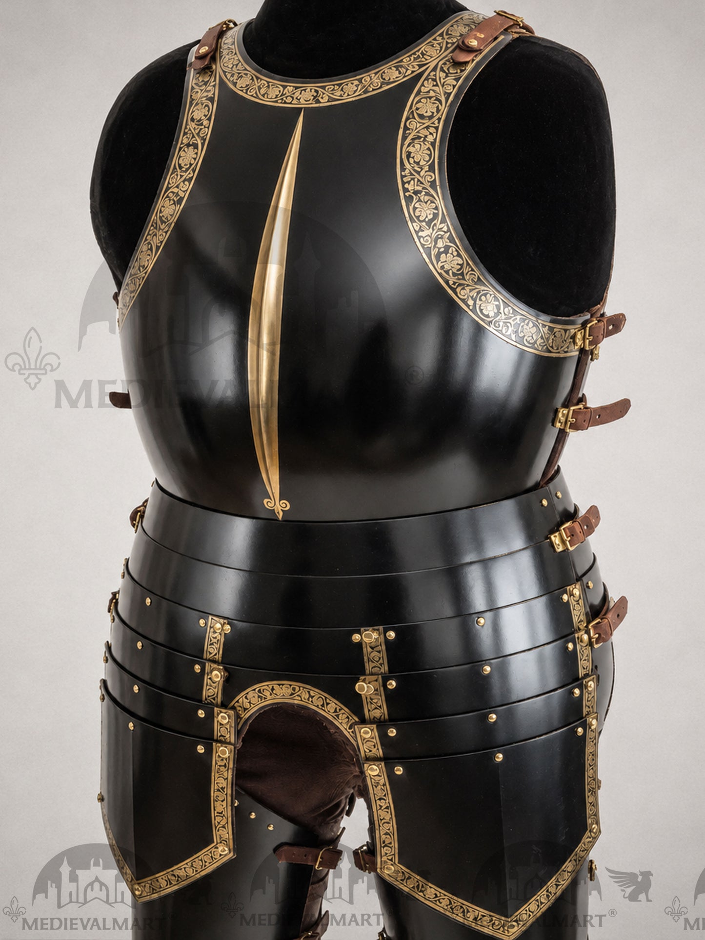 MEDIEVALMART Dark Paladin Imperial Guard Knight  Black & Brass Deco Full Body Metal Armor Costume W/H Houndskull
