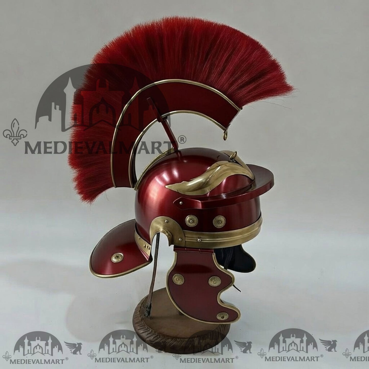 MEDIEVALMART Gallic Roman Centurion Maroon Red Finish Helmet Replica Red Plume with Free Stand