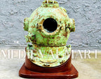 MEDIEVALMART Rusty Lite Green Diving Helmet With Wooden Base