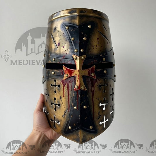 MEDIEVALMART Casque de chevalier templier croisé endommagé doré avec finition sang et support gratuit