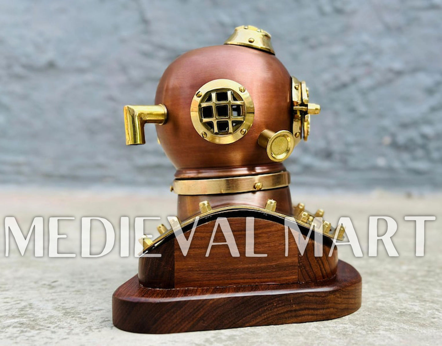 MEDIEVALMART 6"INCH Brown Diving Helmet With Wooden Base