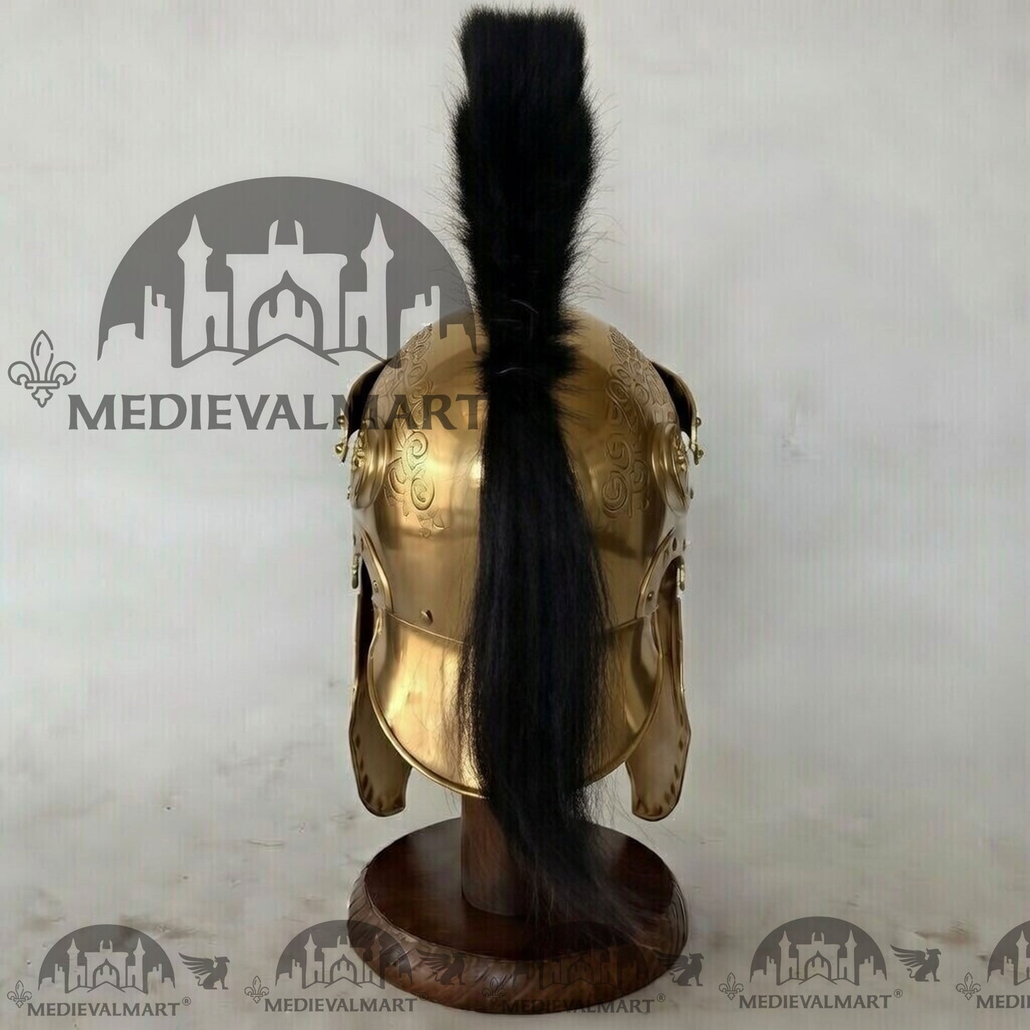 MEDIEVALMART Medieval Roman Centurion Gold Finish Helmet with Black Plume or Free Wooden Stand